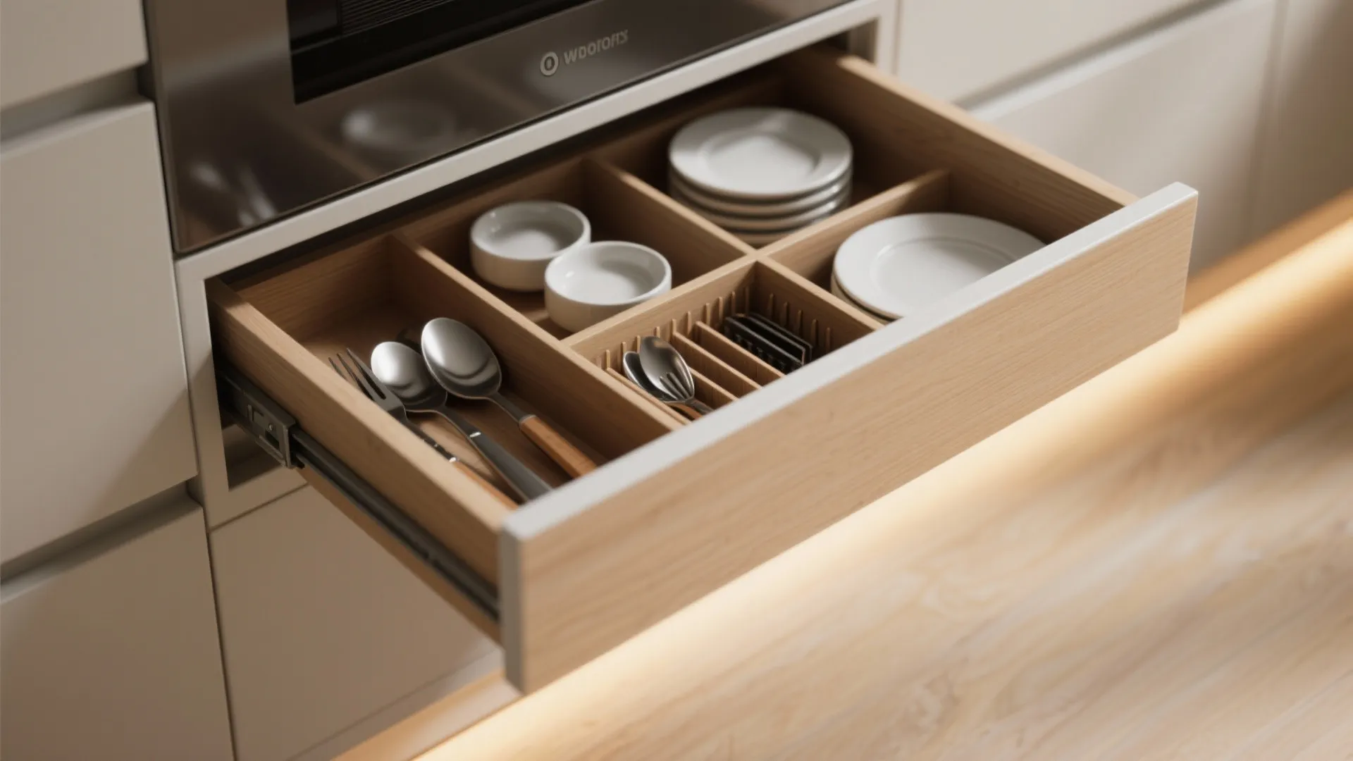 Open wooden kitchen drawer with organized dividers for spoons forks small bowls and white plates