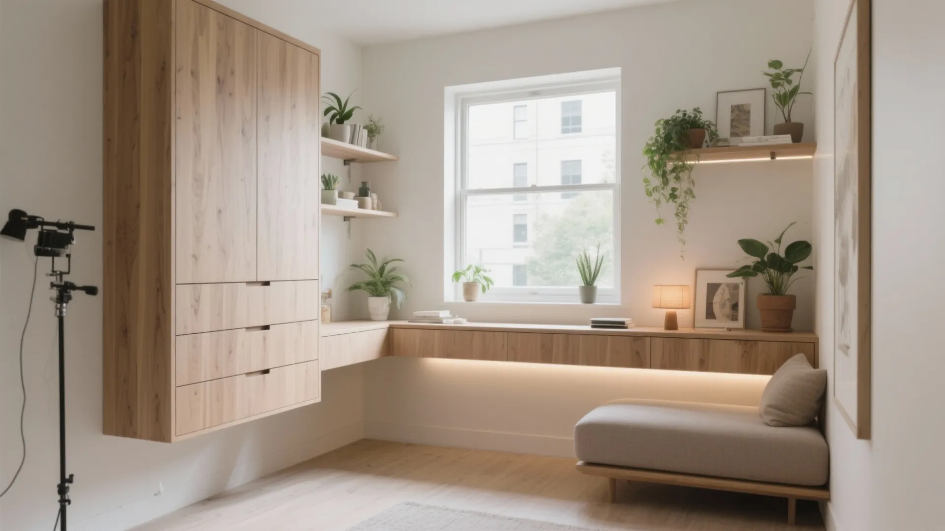 Light wood corner desk with matching cabinet and floating shelves featuring several green potted plants