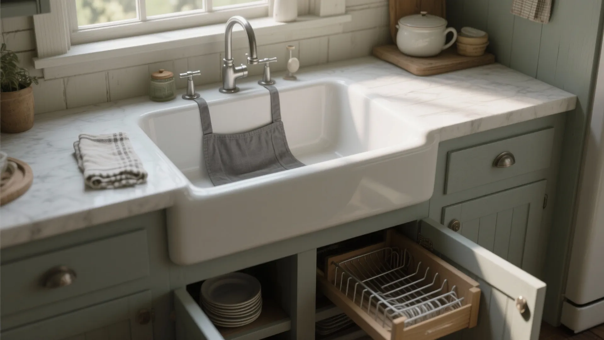 Shallow farmhouse kitchen sink with white marble countertop green cabinets and wooden plate rack storage