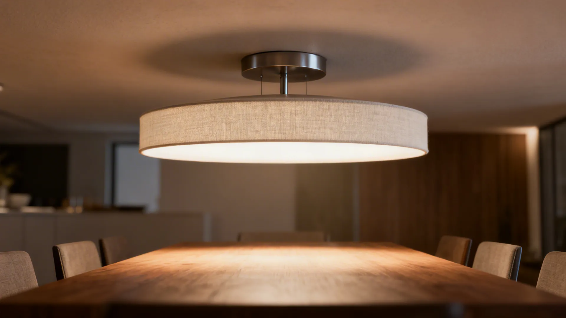 Low-profile semi-flush dining fixture with a wide flat shade casting soft light over a wooden table.