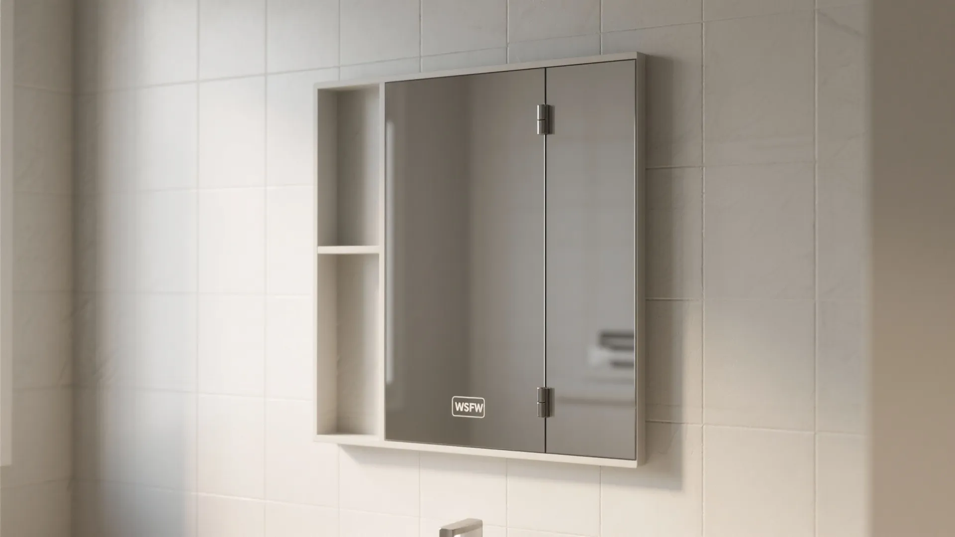 Modern mirror cabinet with glass doors and side shelves mounted on a white tiled wall