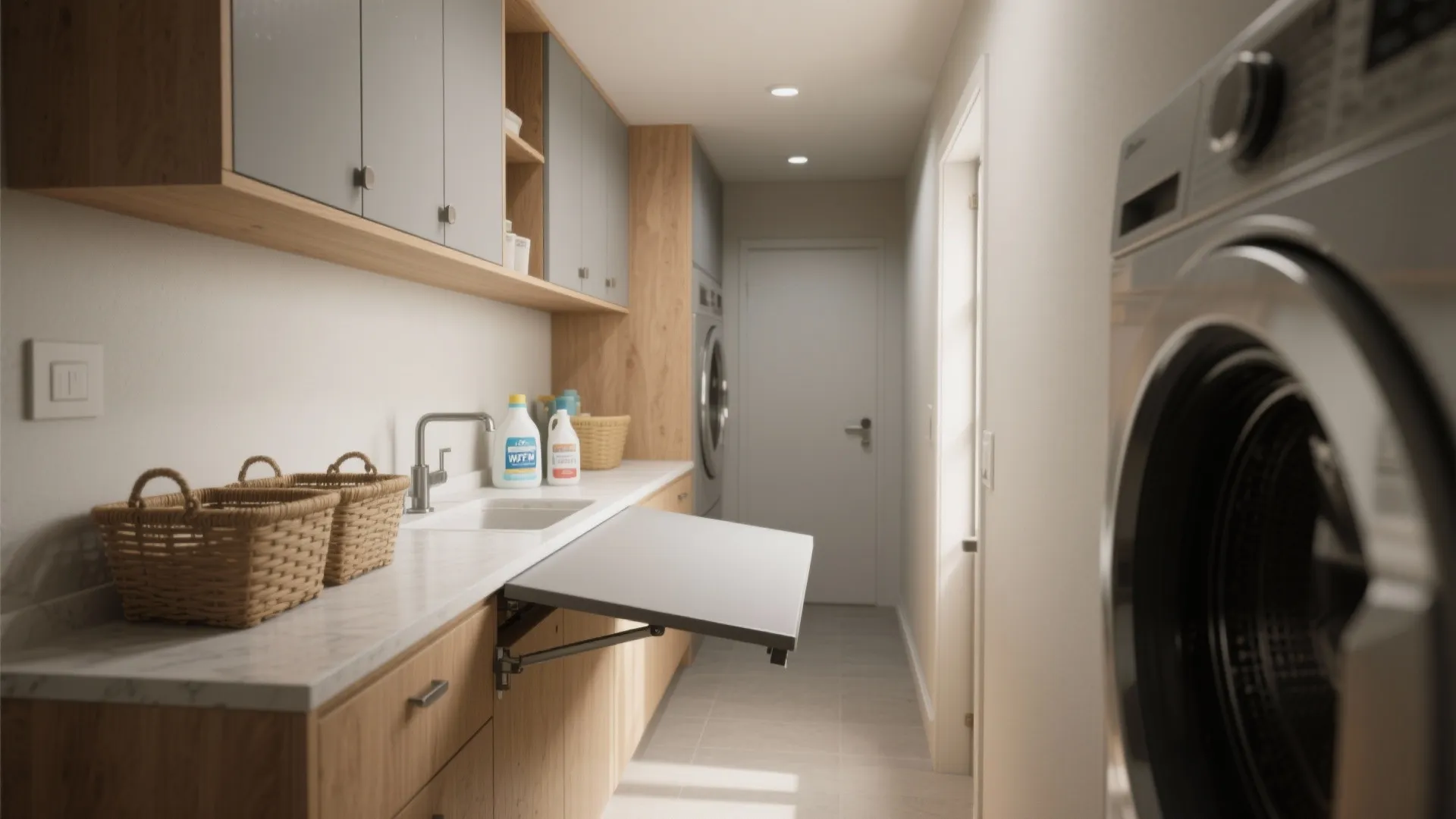 Narrow laundry room with wooden cabinets plus a folding table extending from the marble countertop
