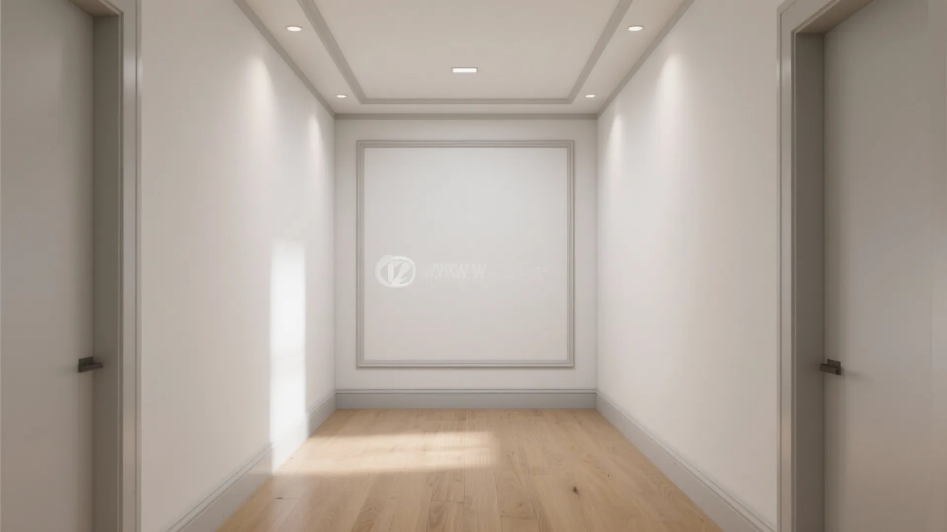 Simple white hallway with wood floor square wall panel light fixture and two grey doors