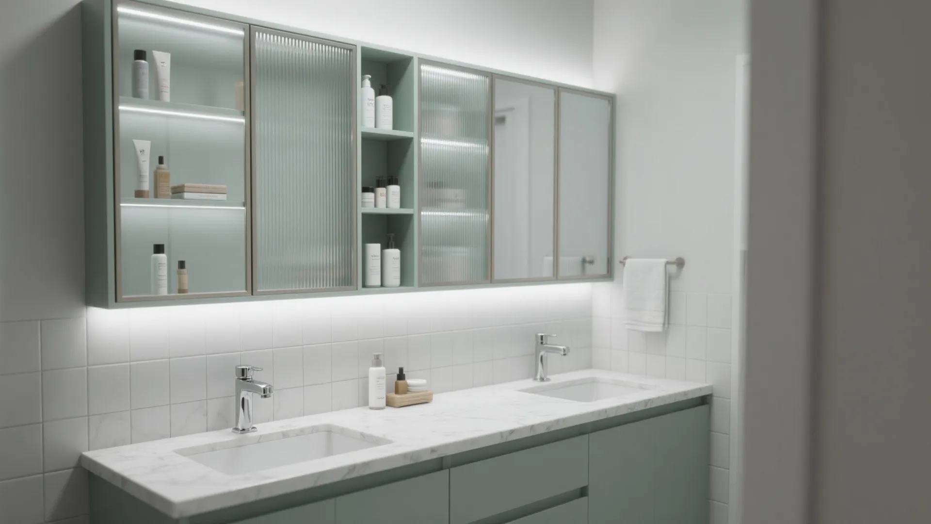 Shallow Depth, Full-Width Wall Cabinets Above the Vanity