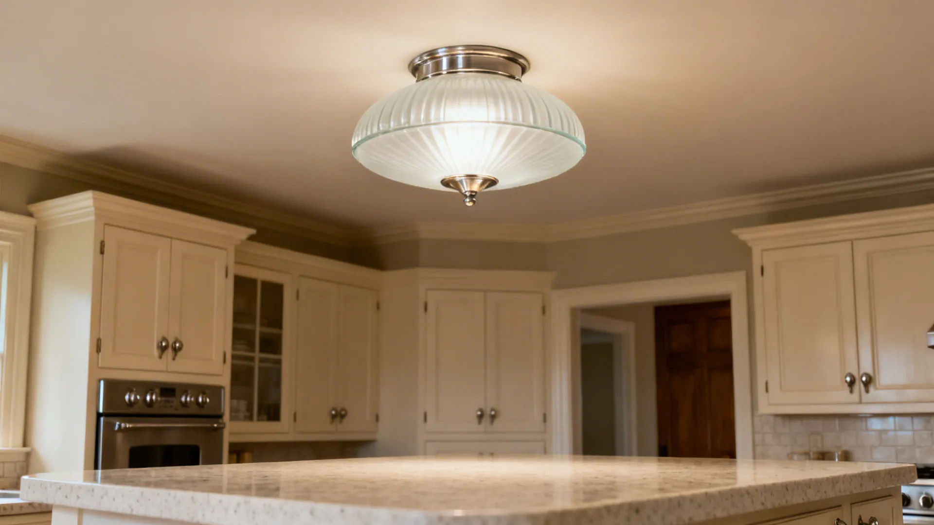 Shallow frosted glass dome flush mount illuminating a classic small kitchen with vintage touches.