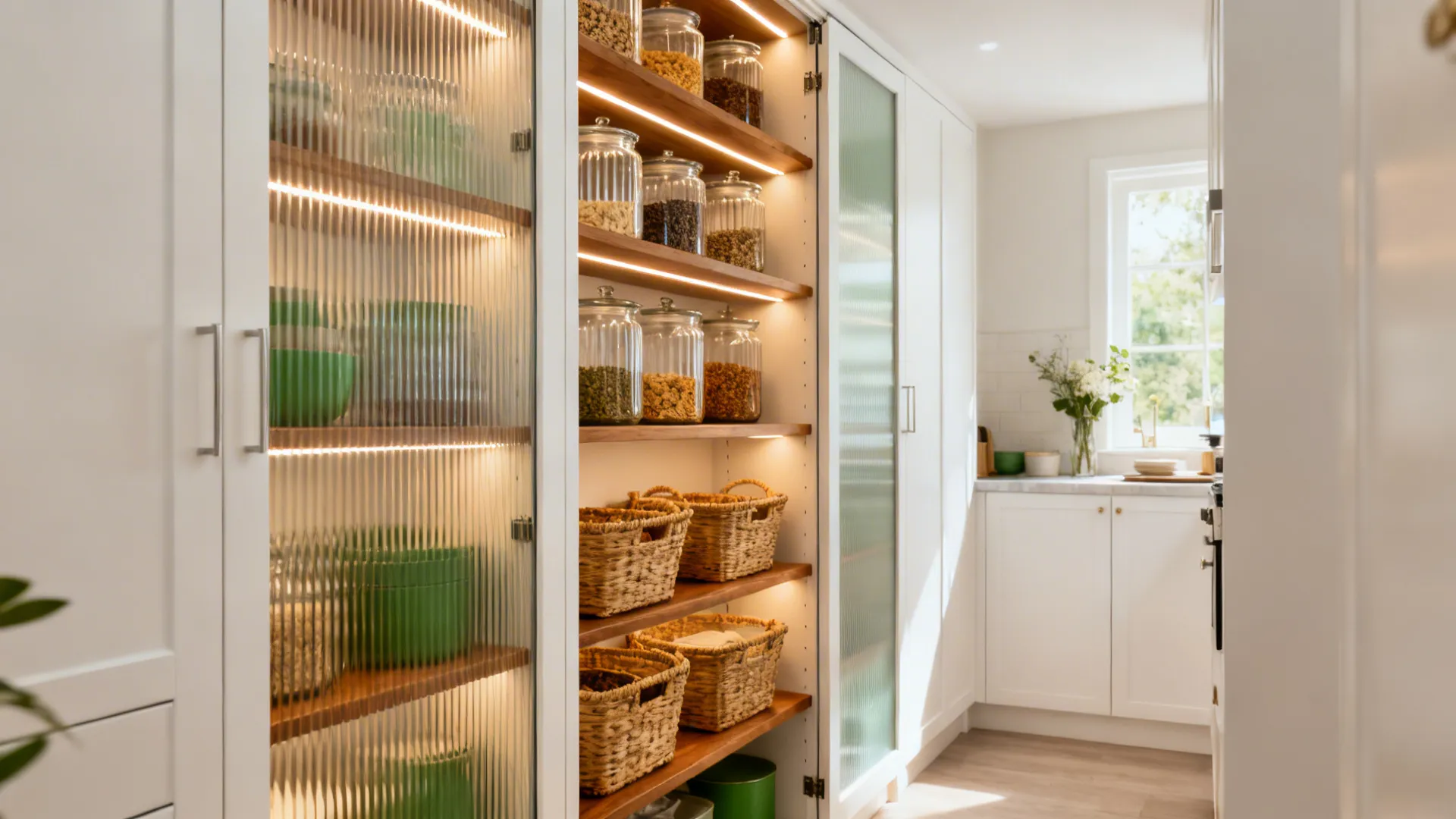 Shallow reeded-glass pantry with warm backlit shelves and decanted jars.