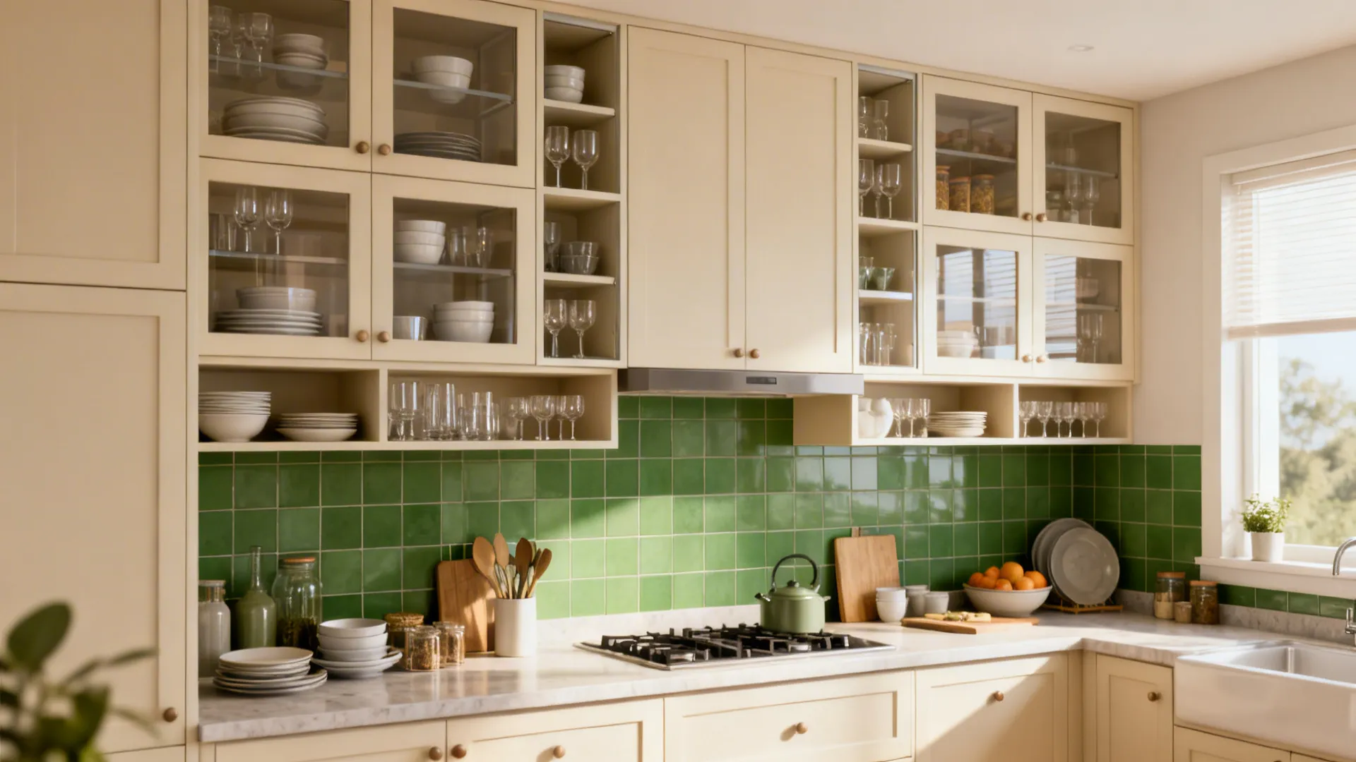 Kitchen with shallow upper cabinets and glass-front boxes creating an airy, lighter look