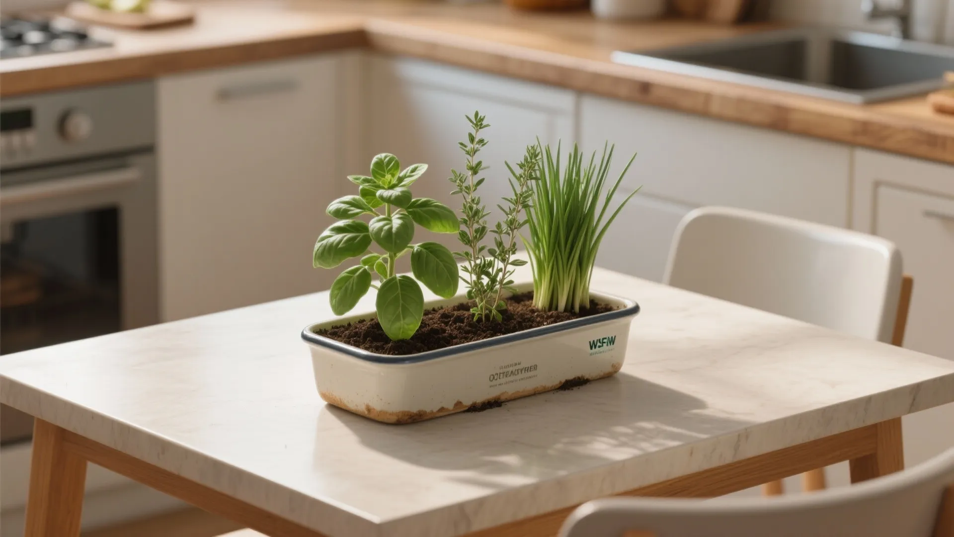 Shallow herb planter with green plants on a kitchen table with white cabinets and chairs