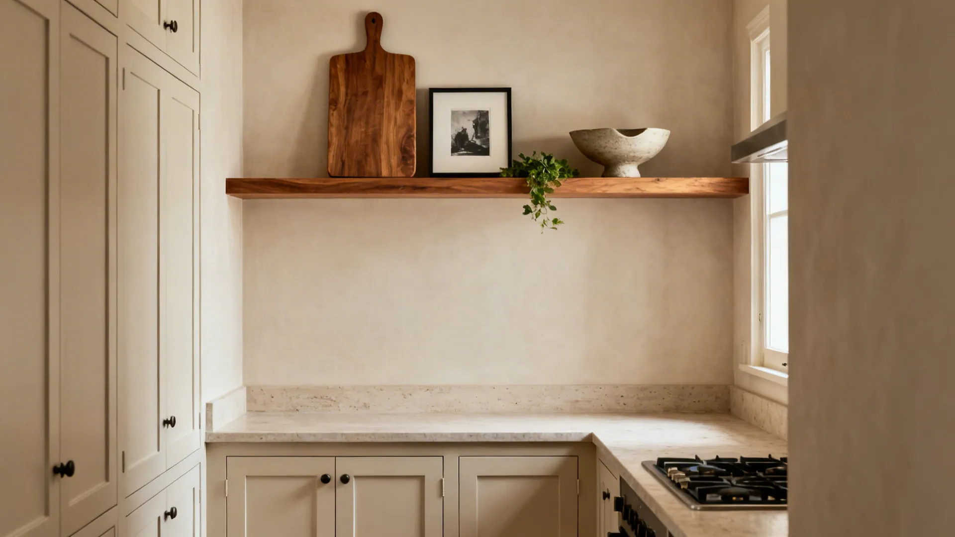 Shallow oak ledge with cutting board, small print, bowl, and greenery.