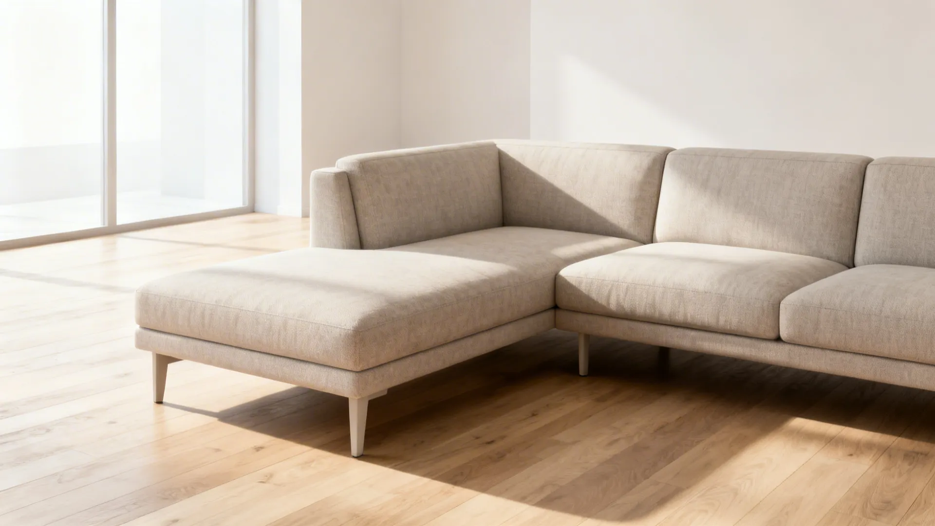 Shallow-depth L-shaped sofa with raised legs creating an airy studio feeling