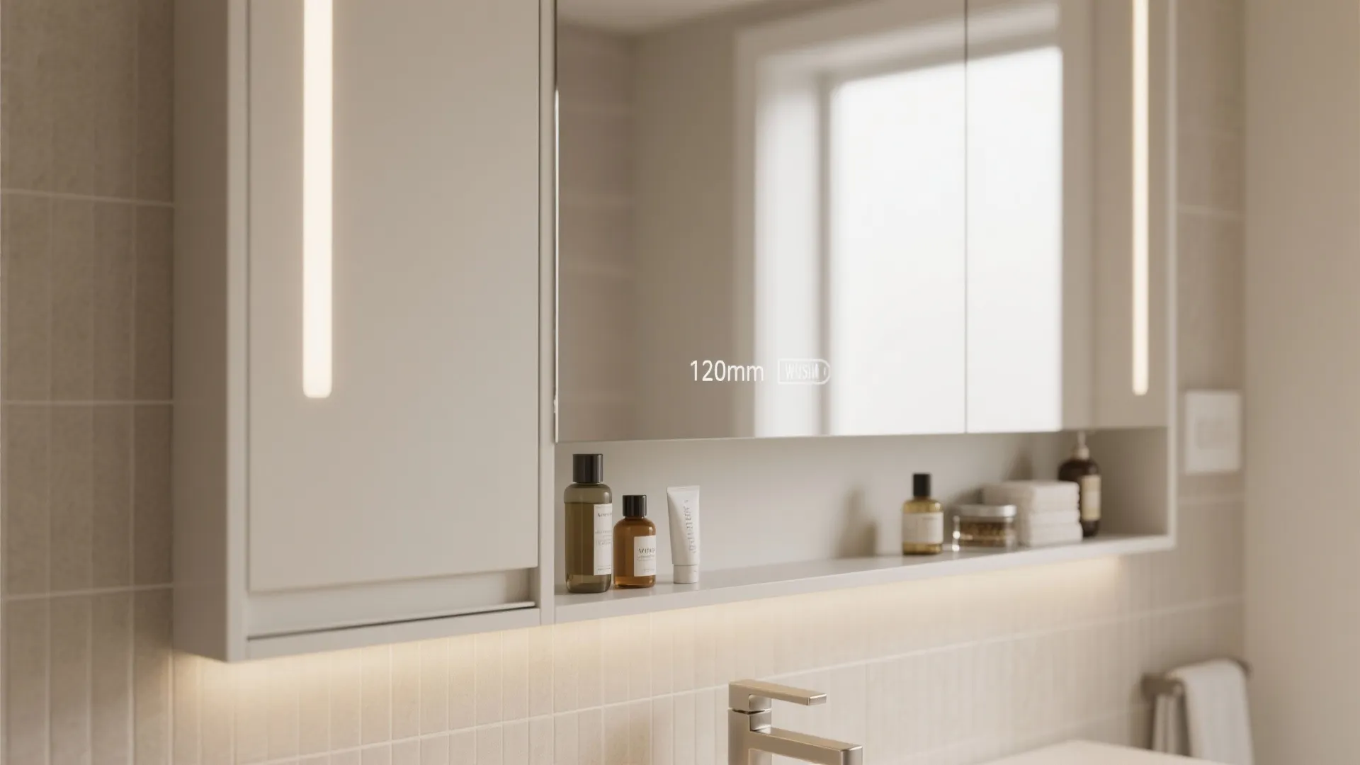 Modern bathroom mirror cabinet with built in lights and shelf displaying various skin care products