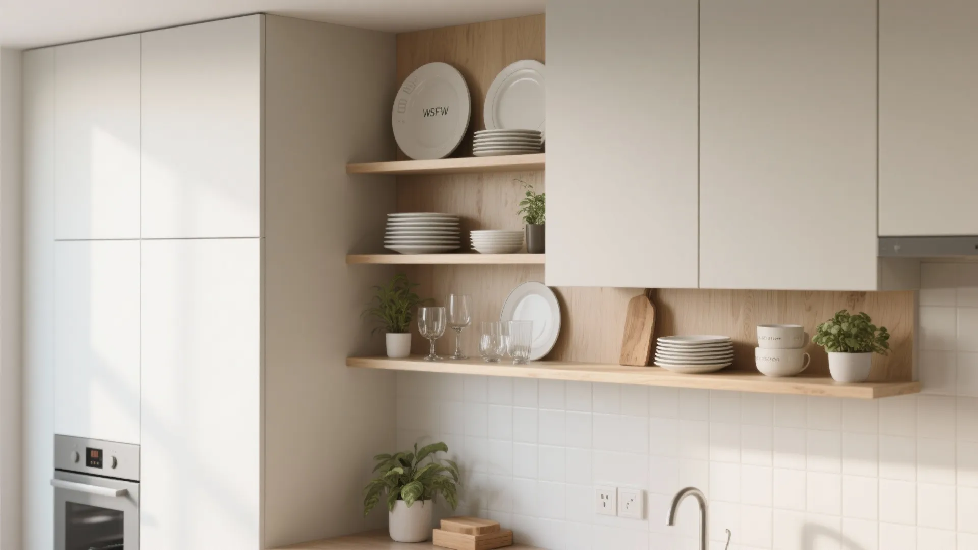 Shallow wall cabinets and open shelving in a compact kitchen with light finishes and styled dishes.
