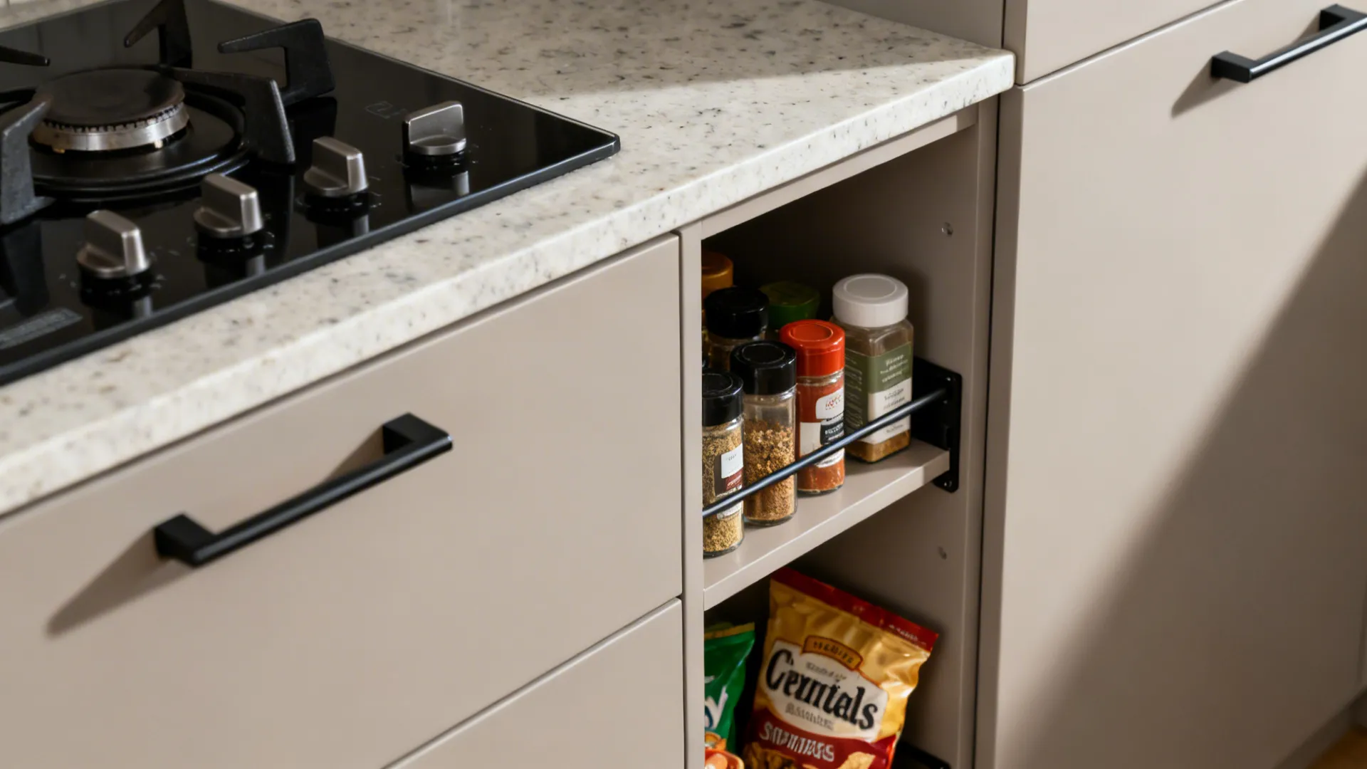 Kitchen gas stove on stone countertop next to open narrow shelf filled with spice jars