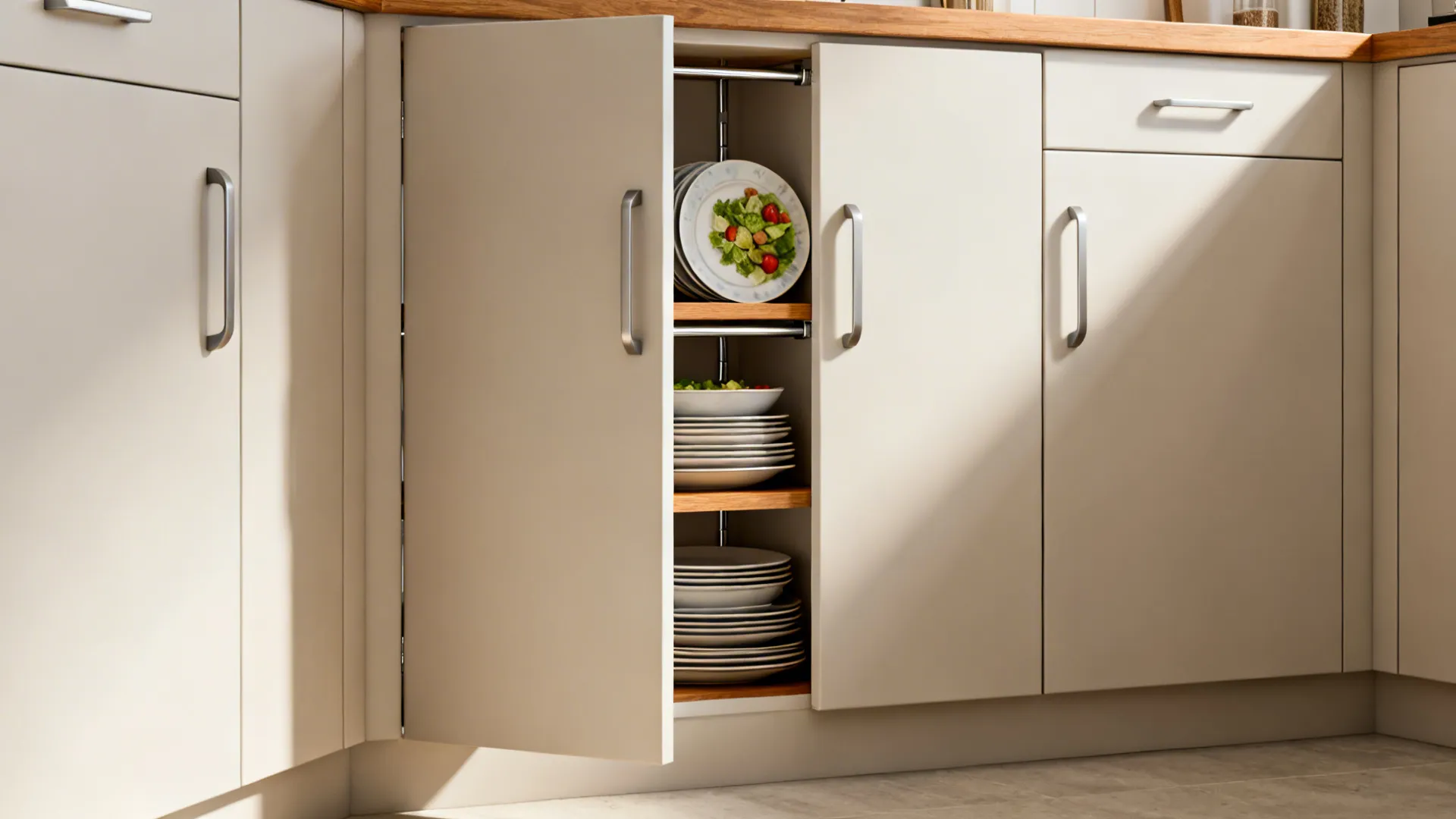 Shallow pantry wall with slim doors open to reveal staggered plate ledges for dinner and salad plates.