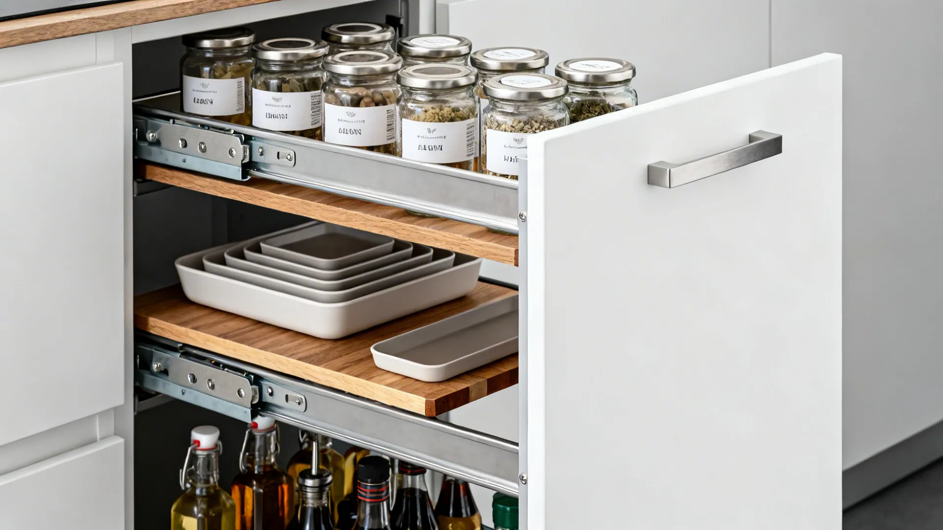 Close up of white pull out kitchen drawer holding glass spice jars and ceramic plates
