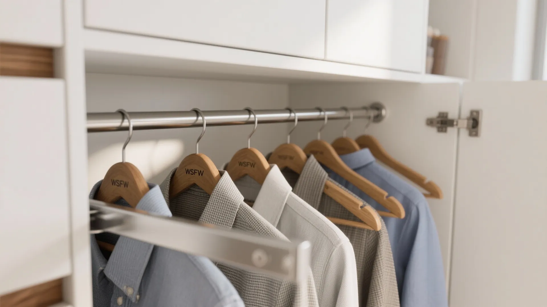 Close up of shirts hanging on a metal rod inside a white wooden bedroom cabinet