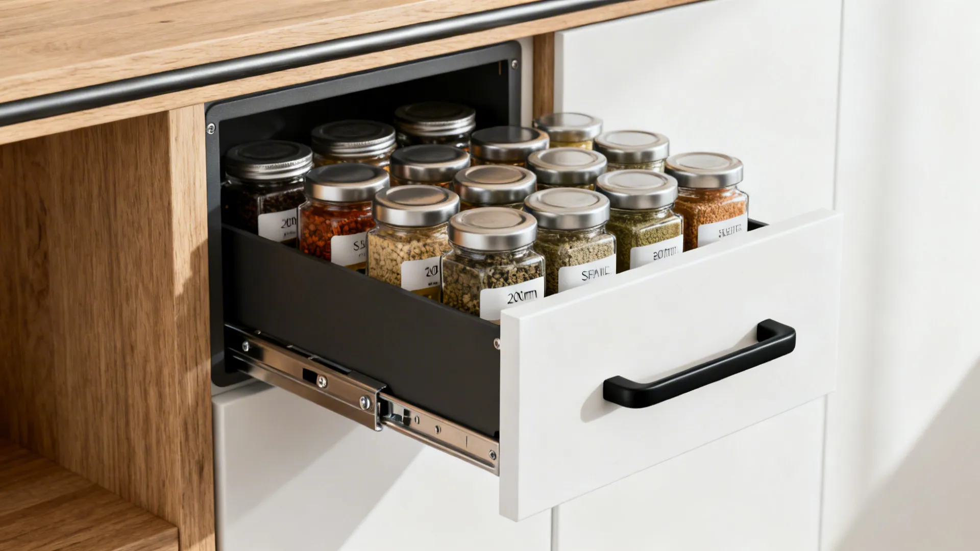 Close-up of a slim pull-out spice rack with soft-close hardware and neat jars.