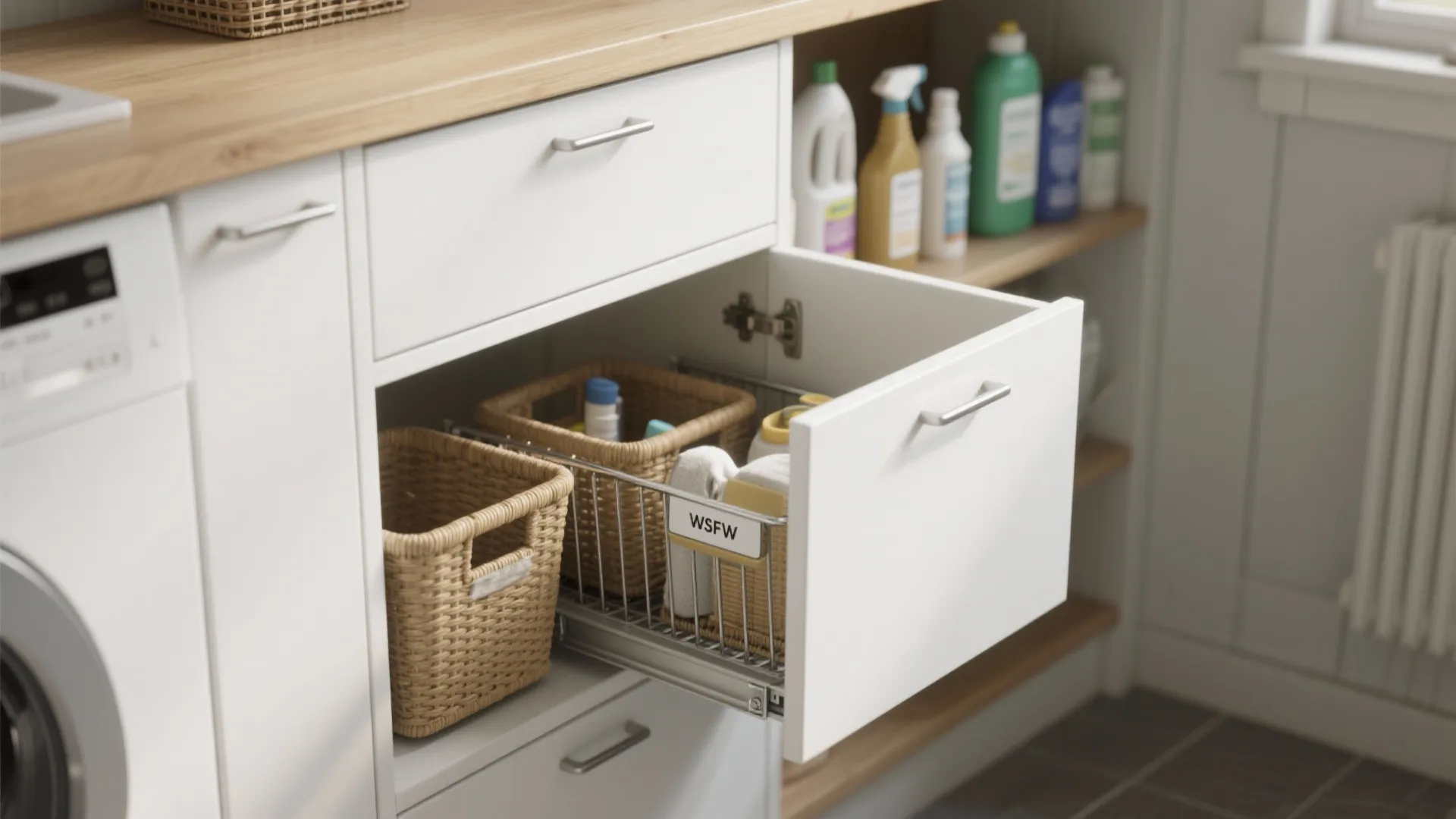 White laundry cabinet with an open drawer containing wire storage baskets and woven organization bins
