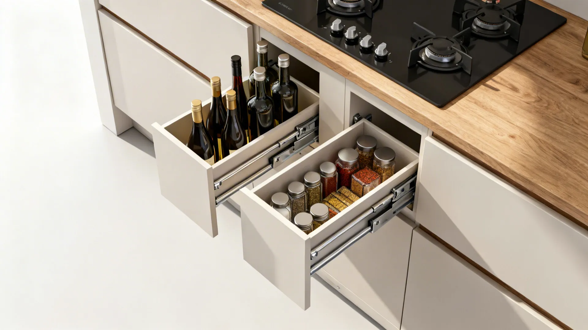 Modern kitchen cabinet with open drawers storing glass spice jars and several tall glass bottles
