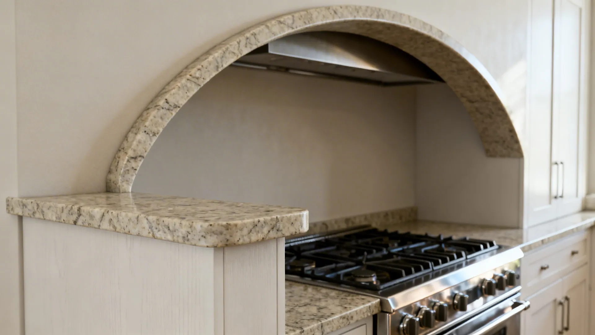 Shallow granite eyebrow arch above a compact range with a matching stone ledge in a small galley kitchen.