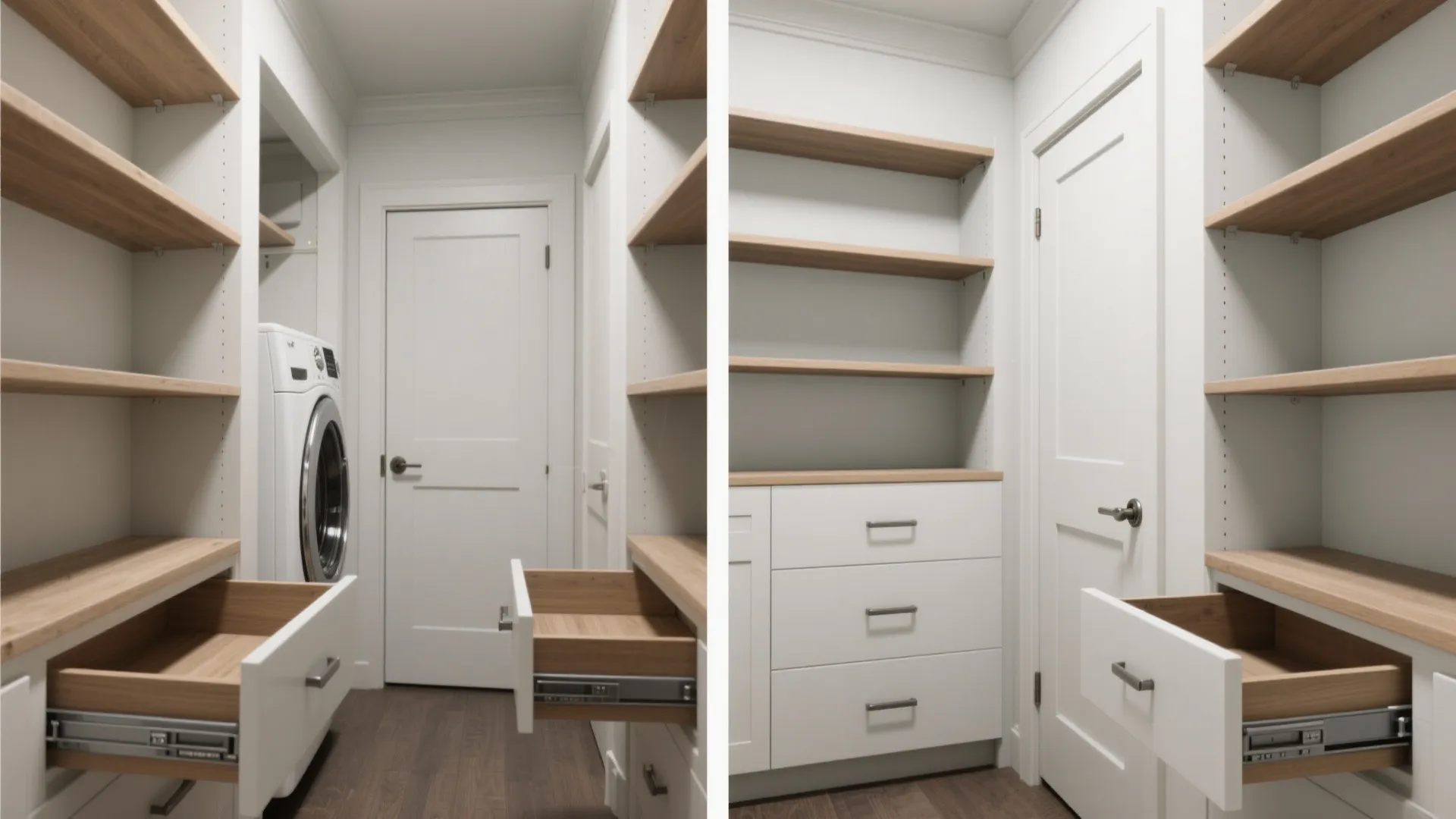 White laundry room with wooden shelves open drawers washing machine door and dark wood floor tiles