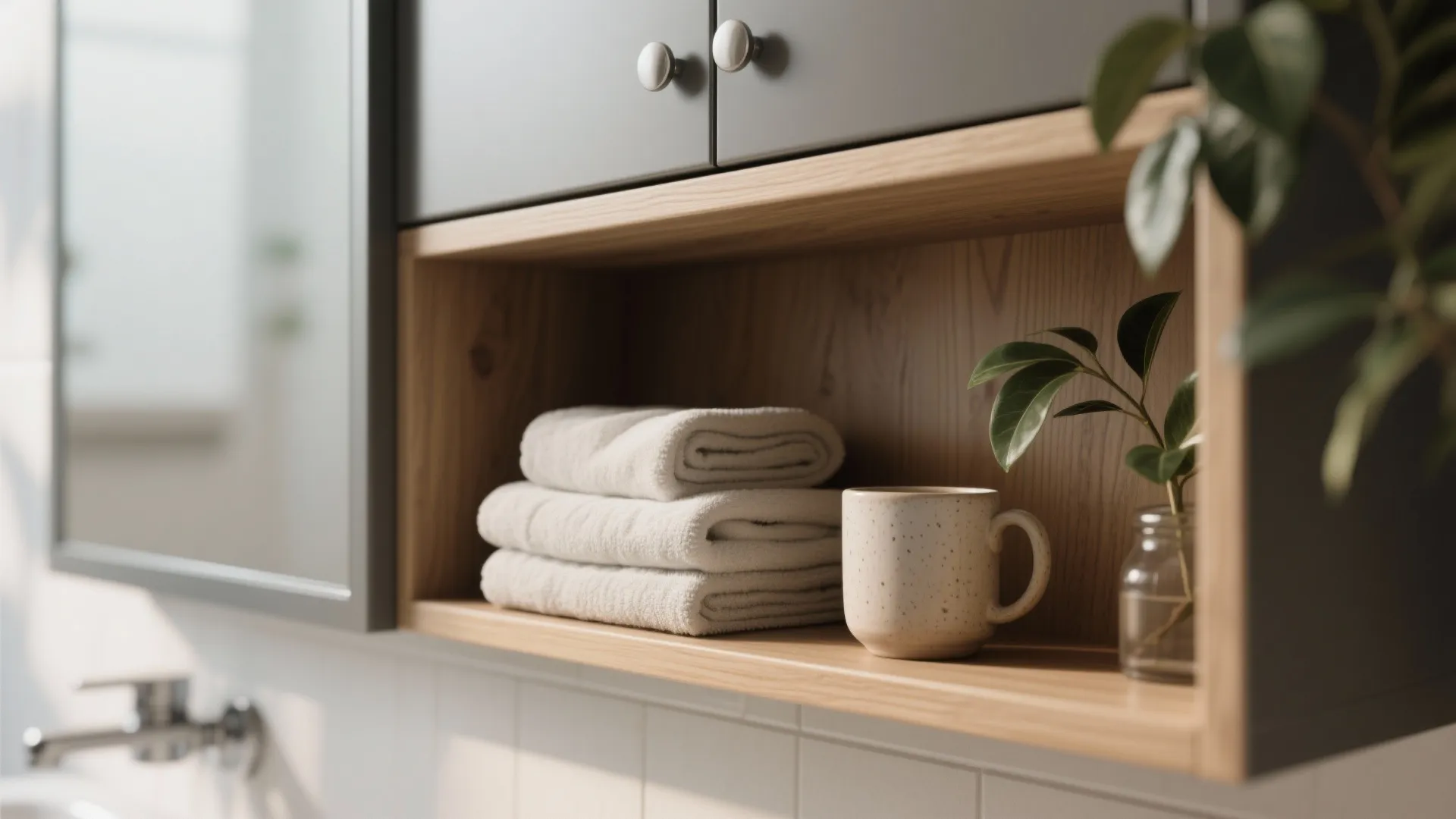 3) Shallow Open Shelving Meets Closed Cabinet Hybrid