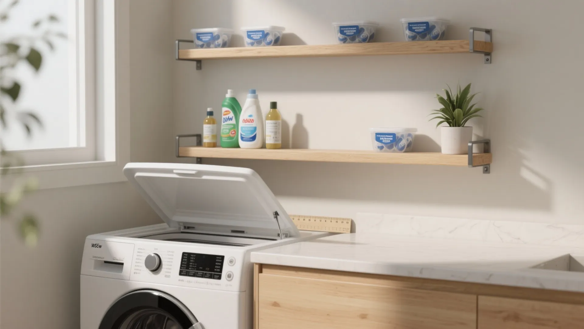 Laundry room with open washing machine and two wooden wall shelves holding detergent and small plants