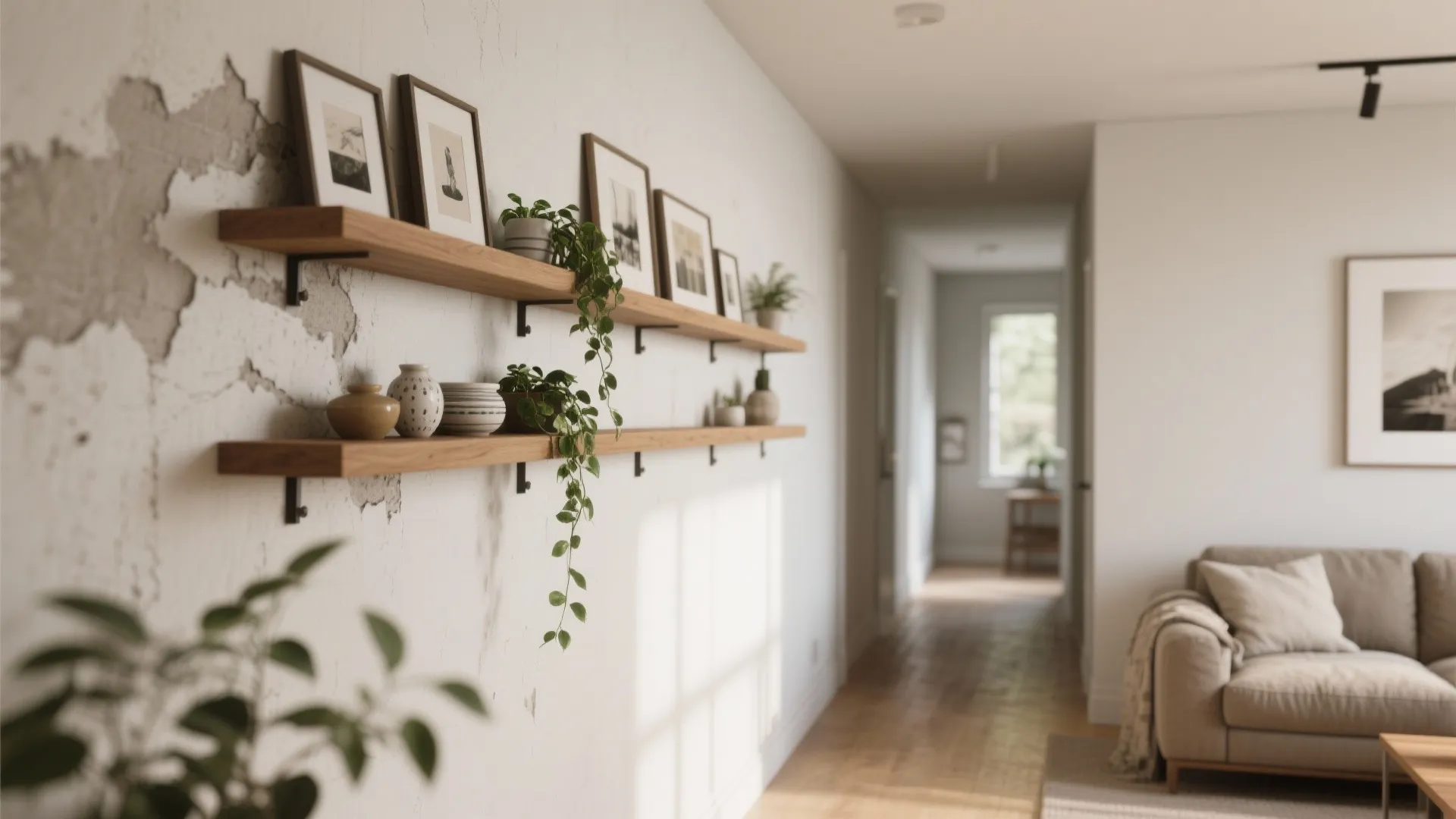 Wooden wall shelves with framed pictures and small green plants in a bright hallway interior