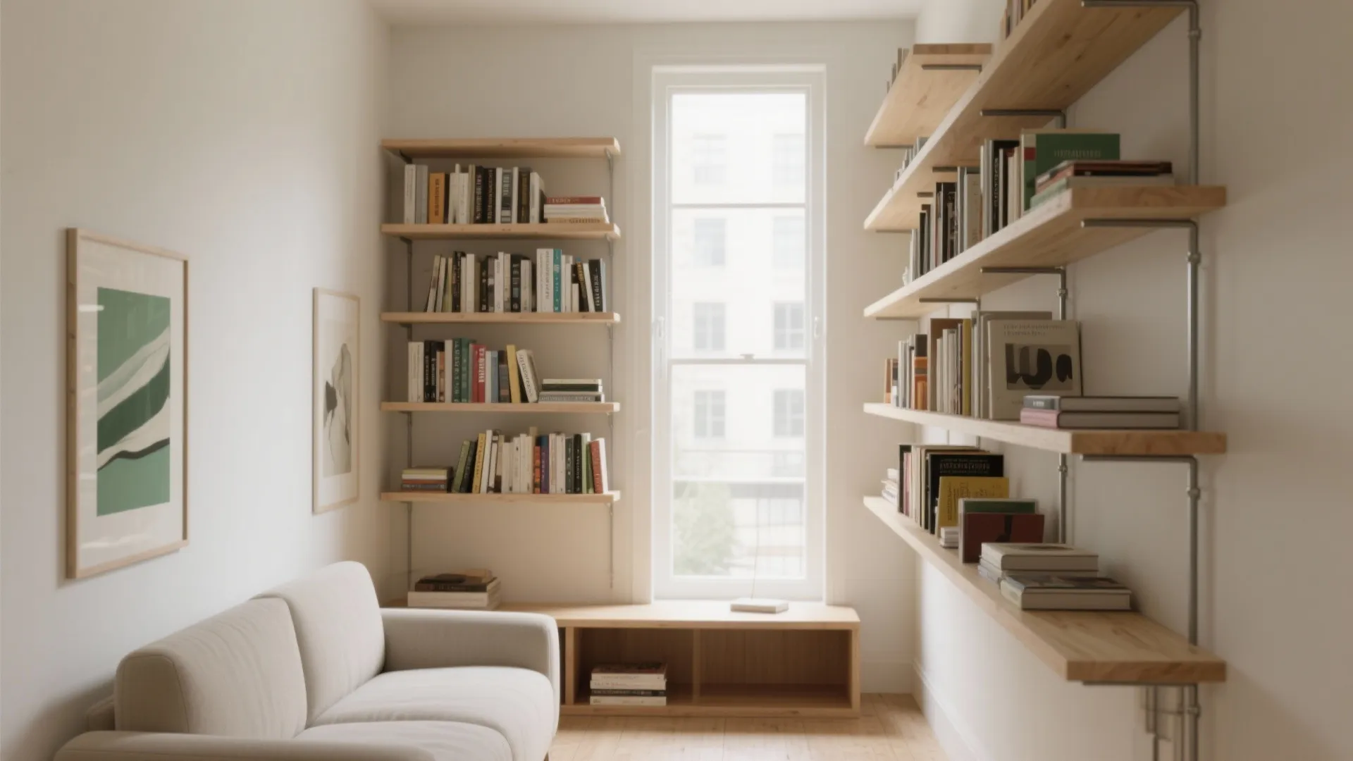 Small room with white sofa and wooden wall shelves filled with books near a window