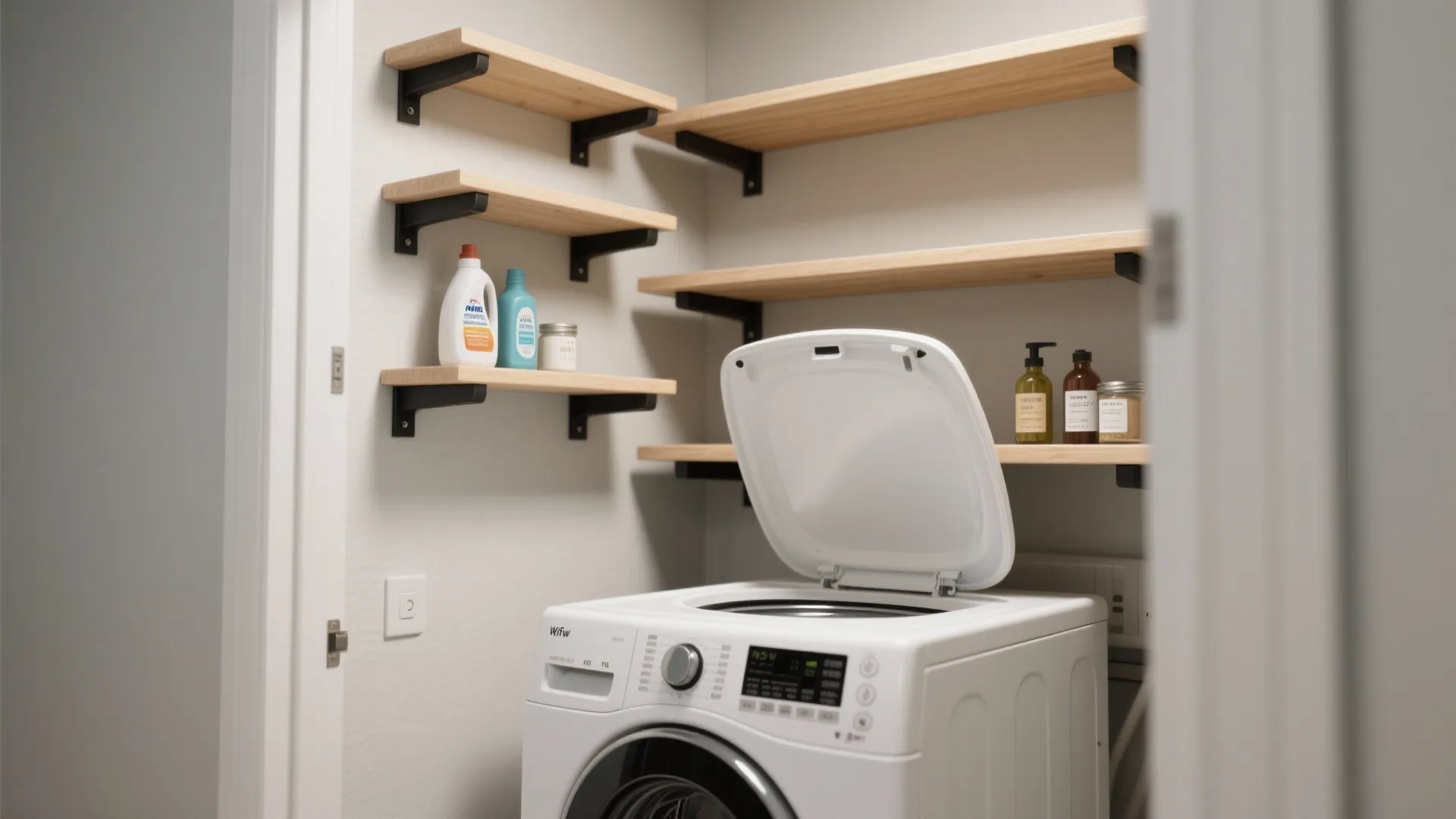 Wall-mounted shallow shelving that respects the lid swing