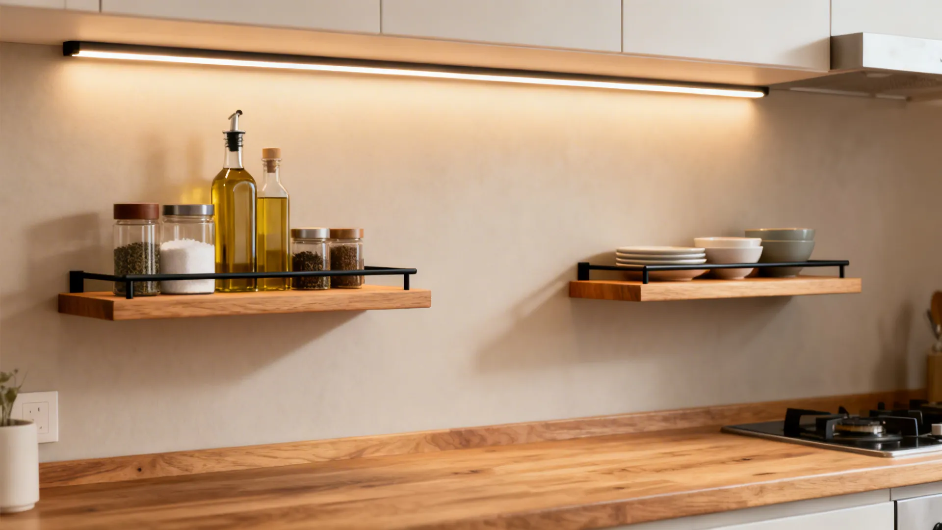 Shallow wooden kitchen shelves with a thin black rail holding oils, spices, and bowls with subtle LED lighting.