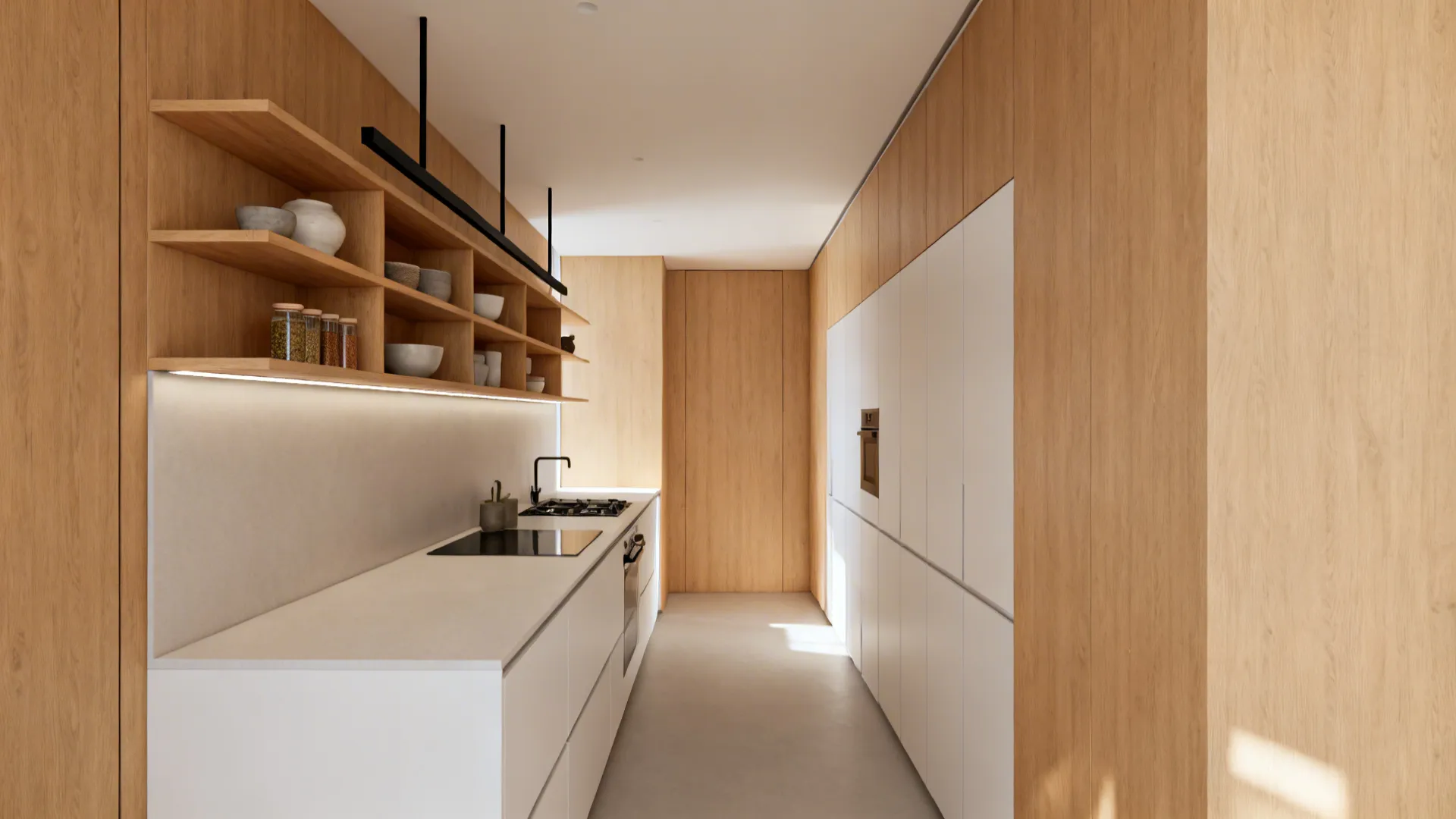 Galley kitchen with shallow oak shelves and a slim rail above the prep side, lit by continuous LEDs.