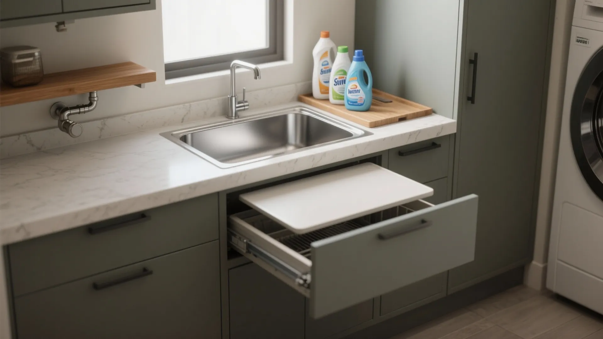 Modern laundry room with green cabinets white marble countertop stainless steel sink and washing machine
