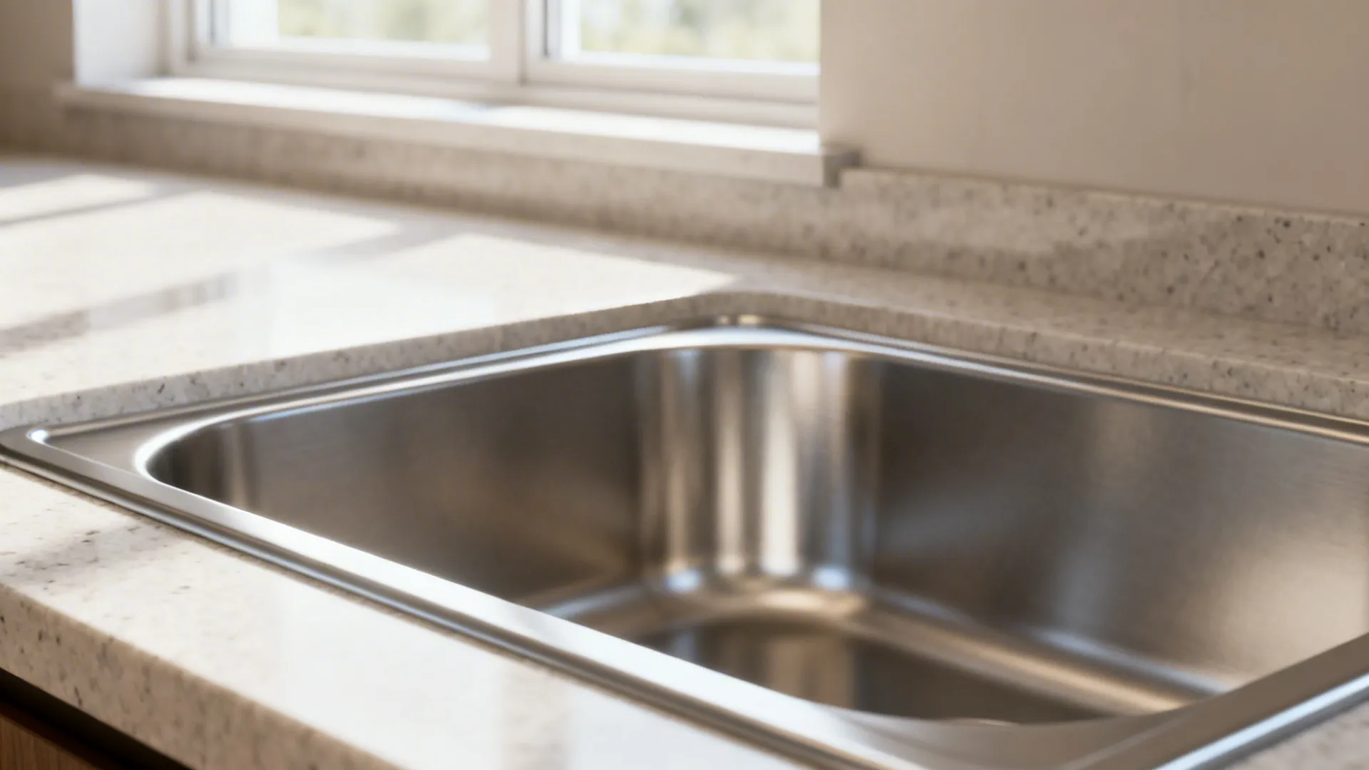 Macro view of a shallow stainless steel sink set into a quartz countertop showing low bowl depth