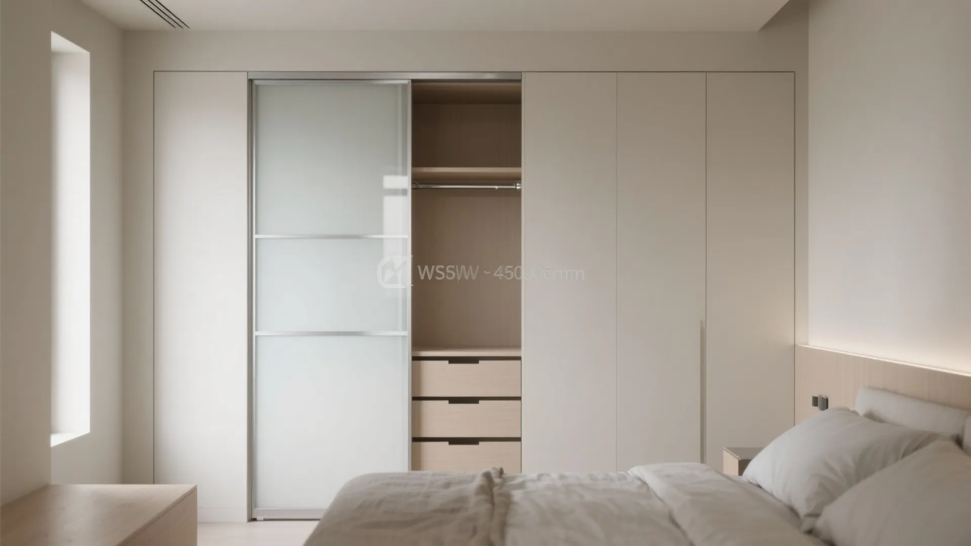 Modern bedroom with sliding door cabinet showing inside shelves drawers plus a bed and window