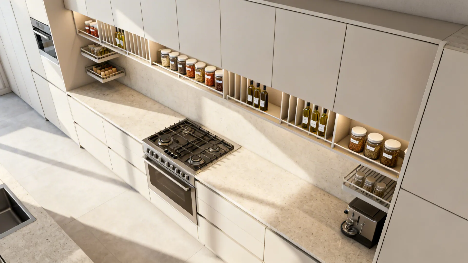 Top-down view of shallow 200 mm spice and pantry uppers mounted above a galley backsplash.