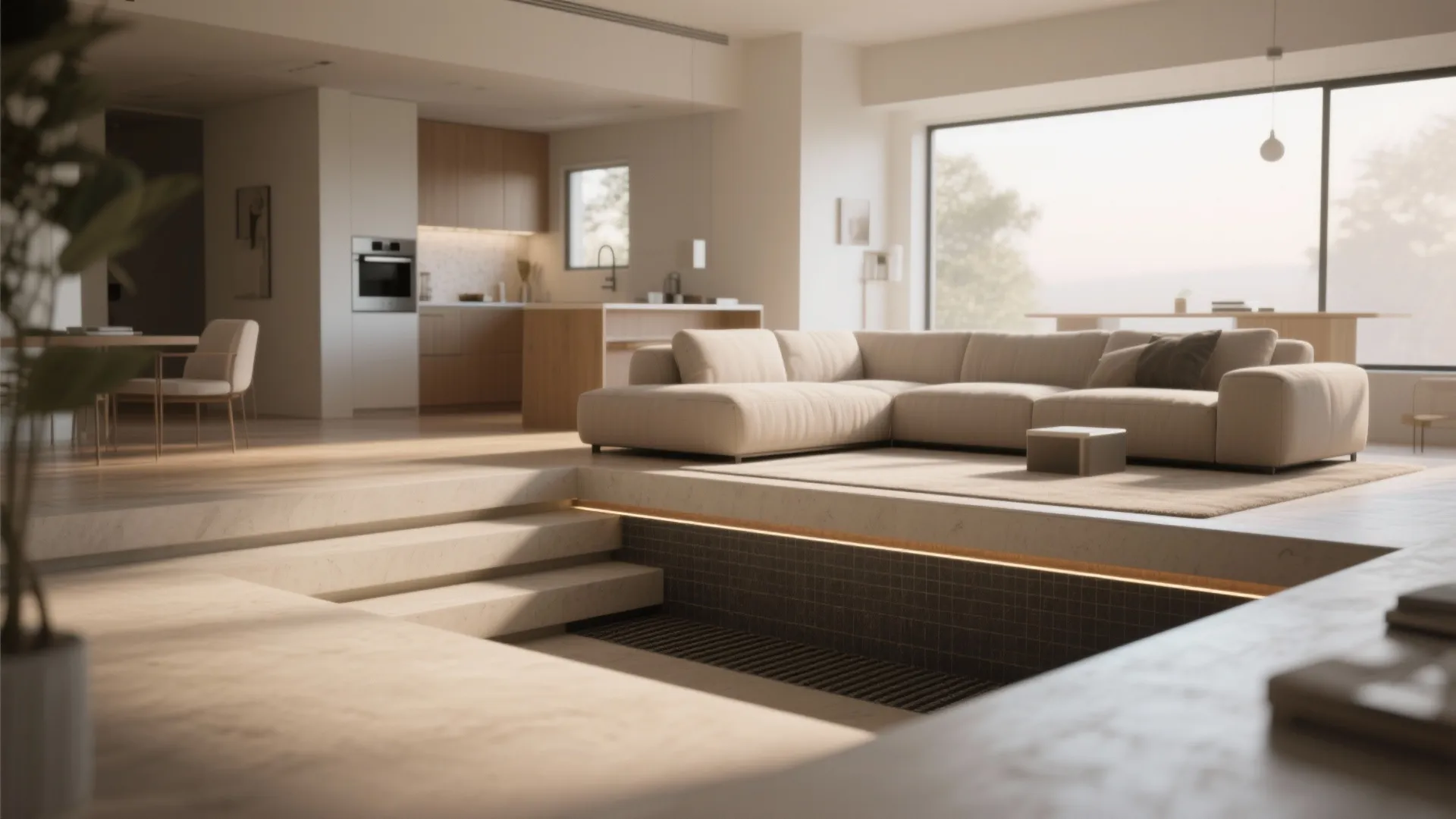 Sunken living room with cream sofa wood kitchen cabinets large window and warm indoor lighting