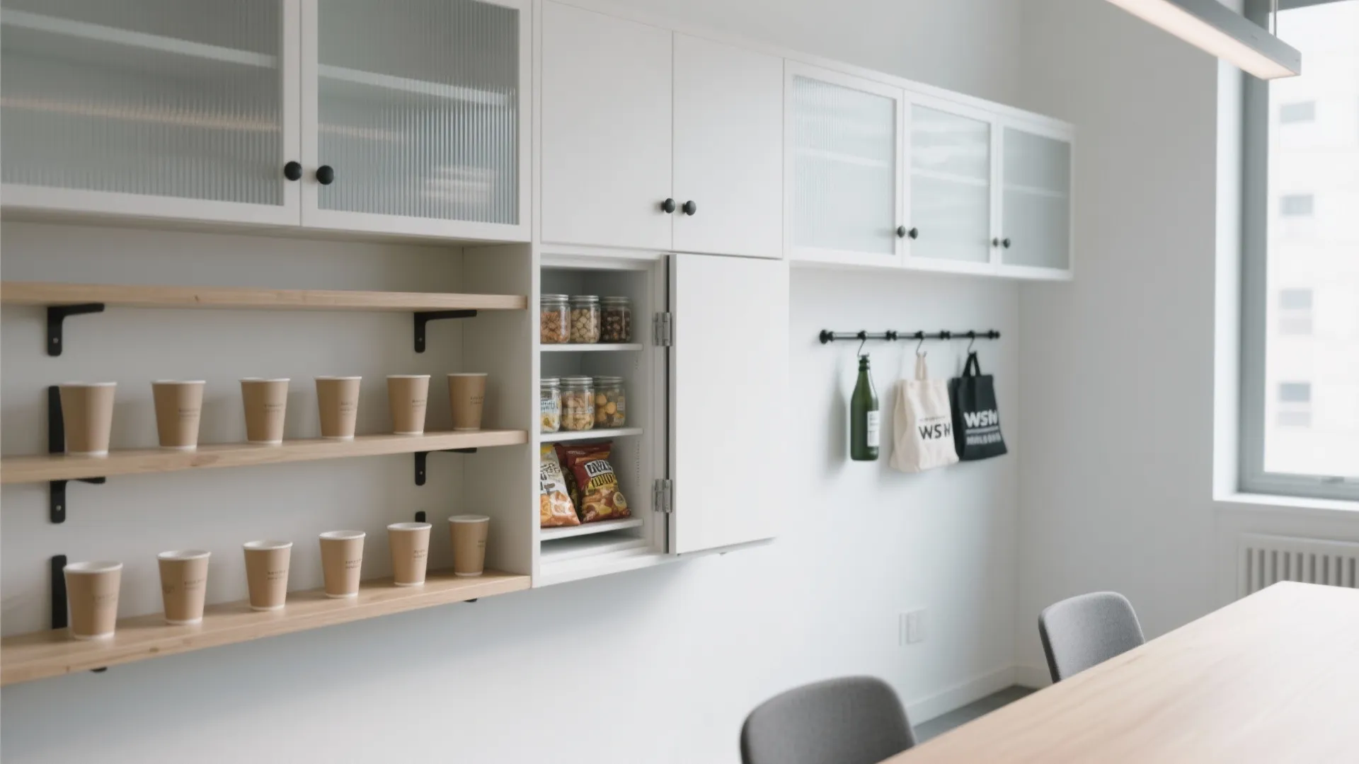 Shallow storage wall: open shelves, a pocket pantry, and a peg rail