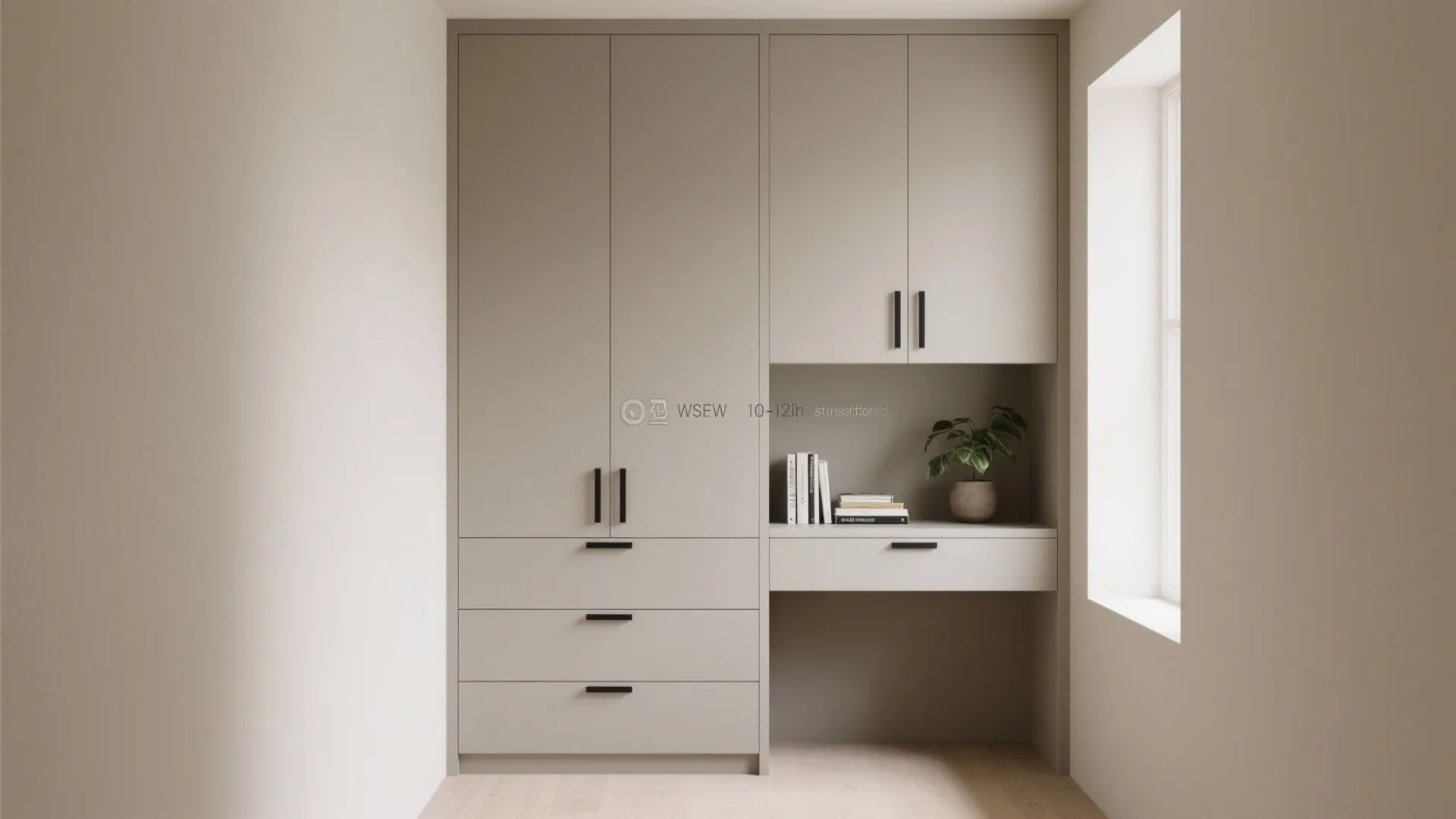 Gray built-in cabinet with drawers and desk area including books green plant and bright window