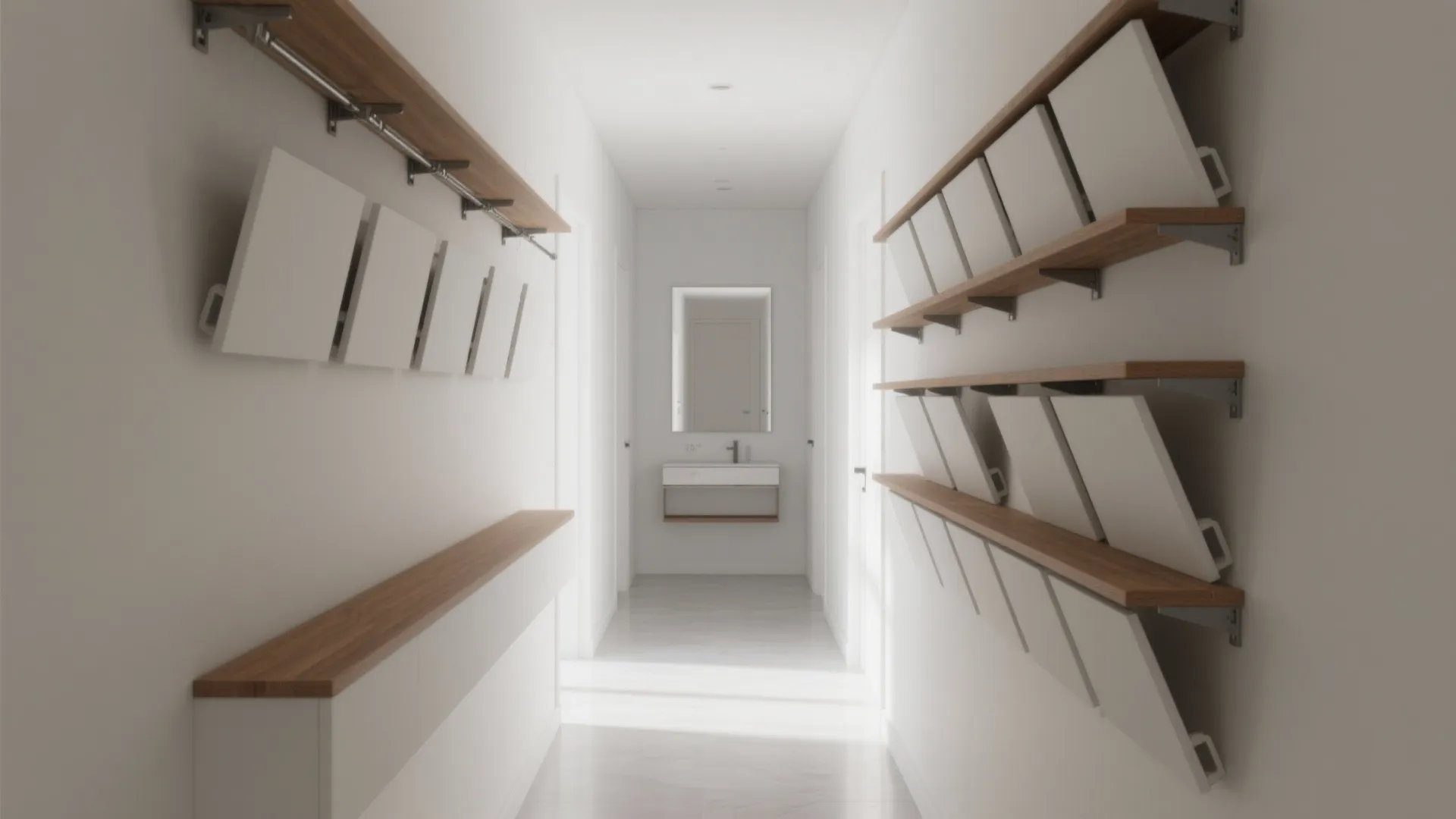 Bright white corridor featuring wall mounted wooden shelves for thin storage and a bathroom sink