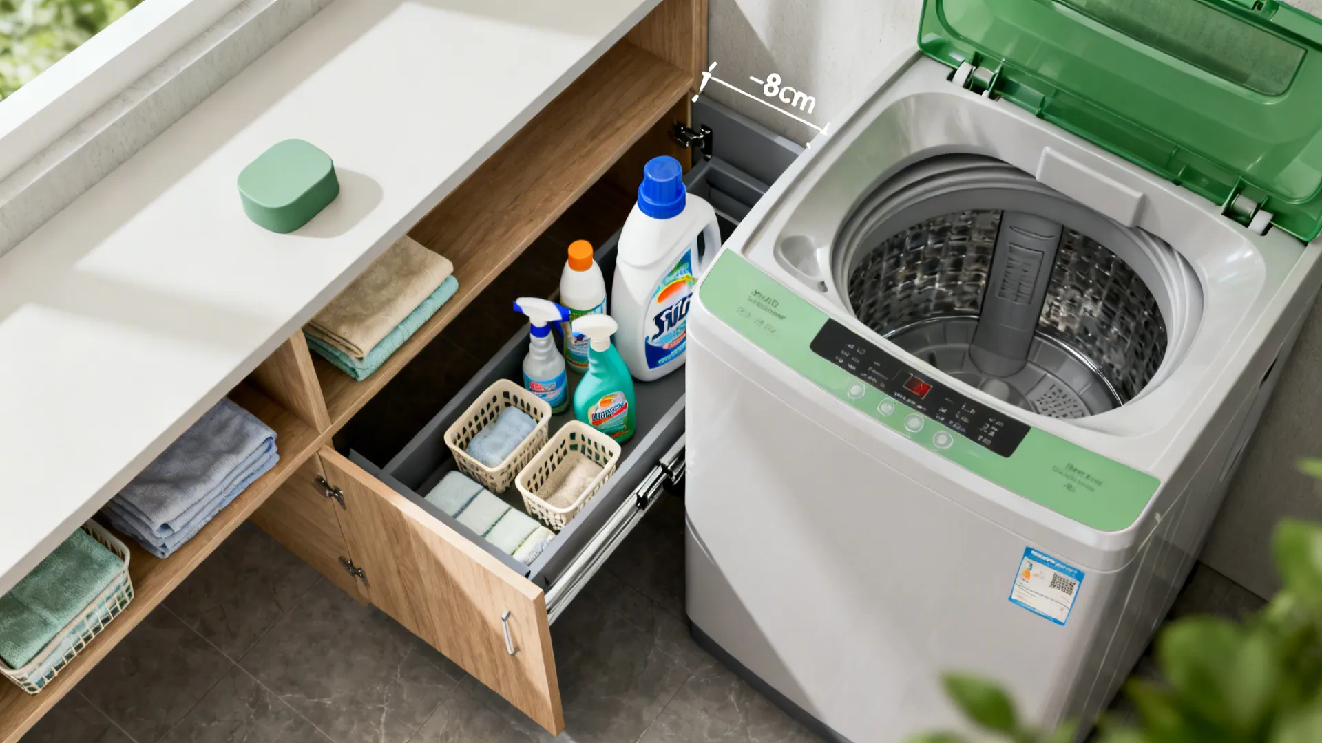 Shallow recessed shelves and a narrow pull-out cabinet storing detergents beside a top-load washer.