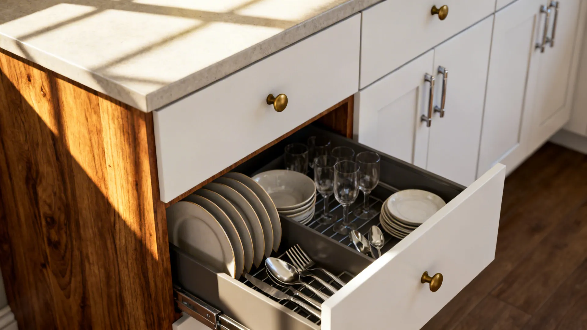 Close-up of shallow tall kitchen cabinets with pull-out storage and warm wood accents