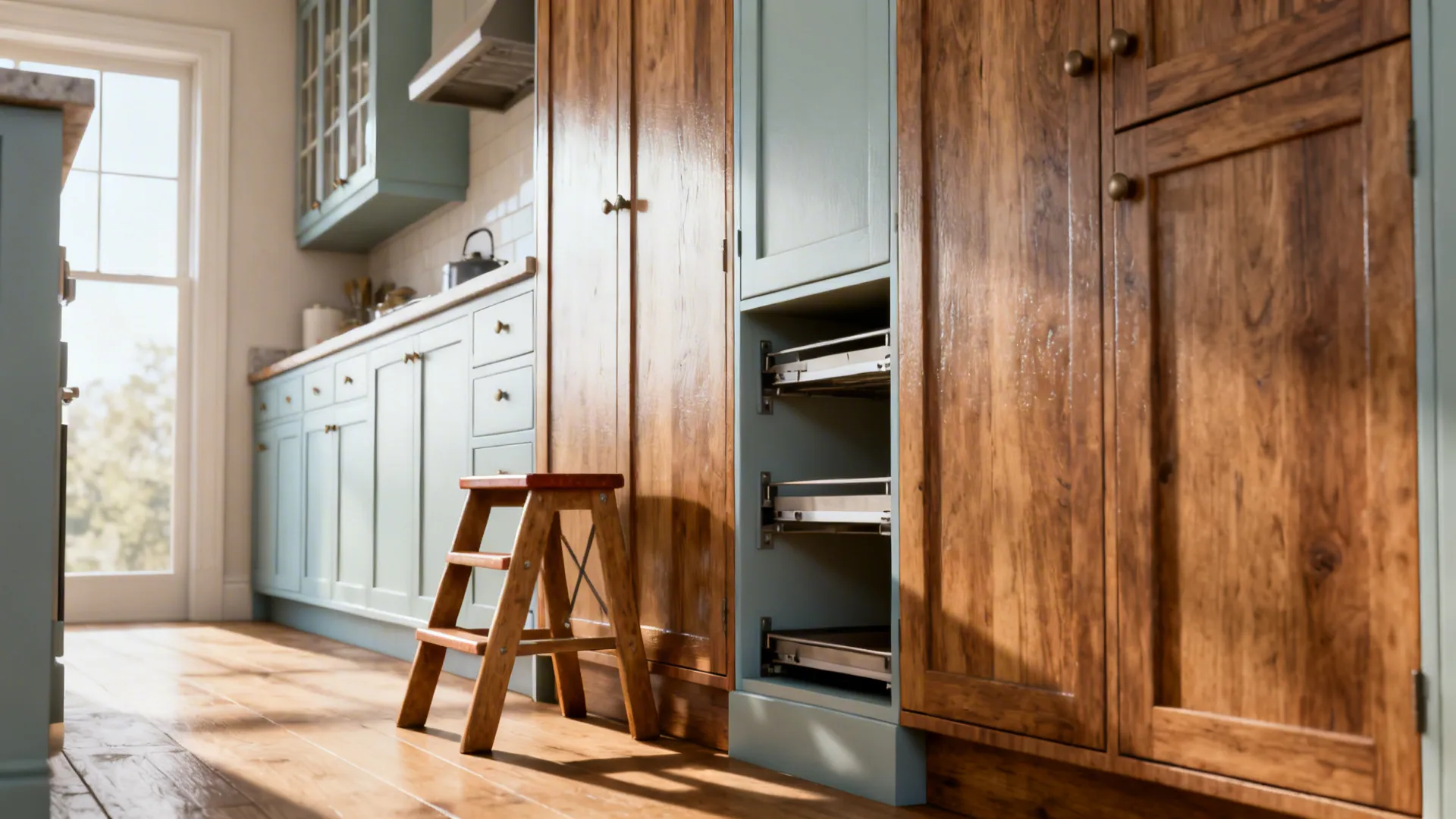 Tall wood kitchen cabinet showing pull out metal shelves next to a small wooden stool