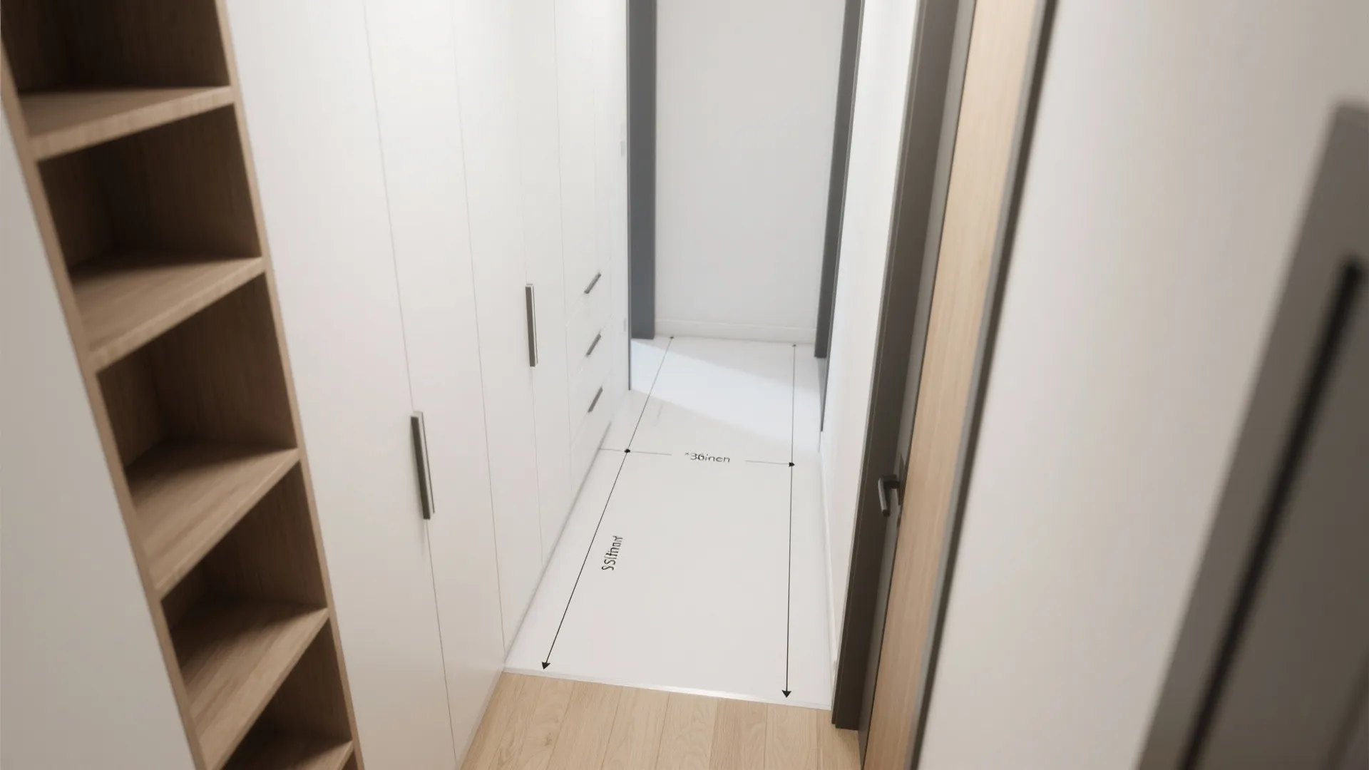 Interior design drawing of a hallway with white cabinets wooden shelves and floor measurement lines shown