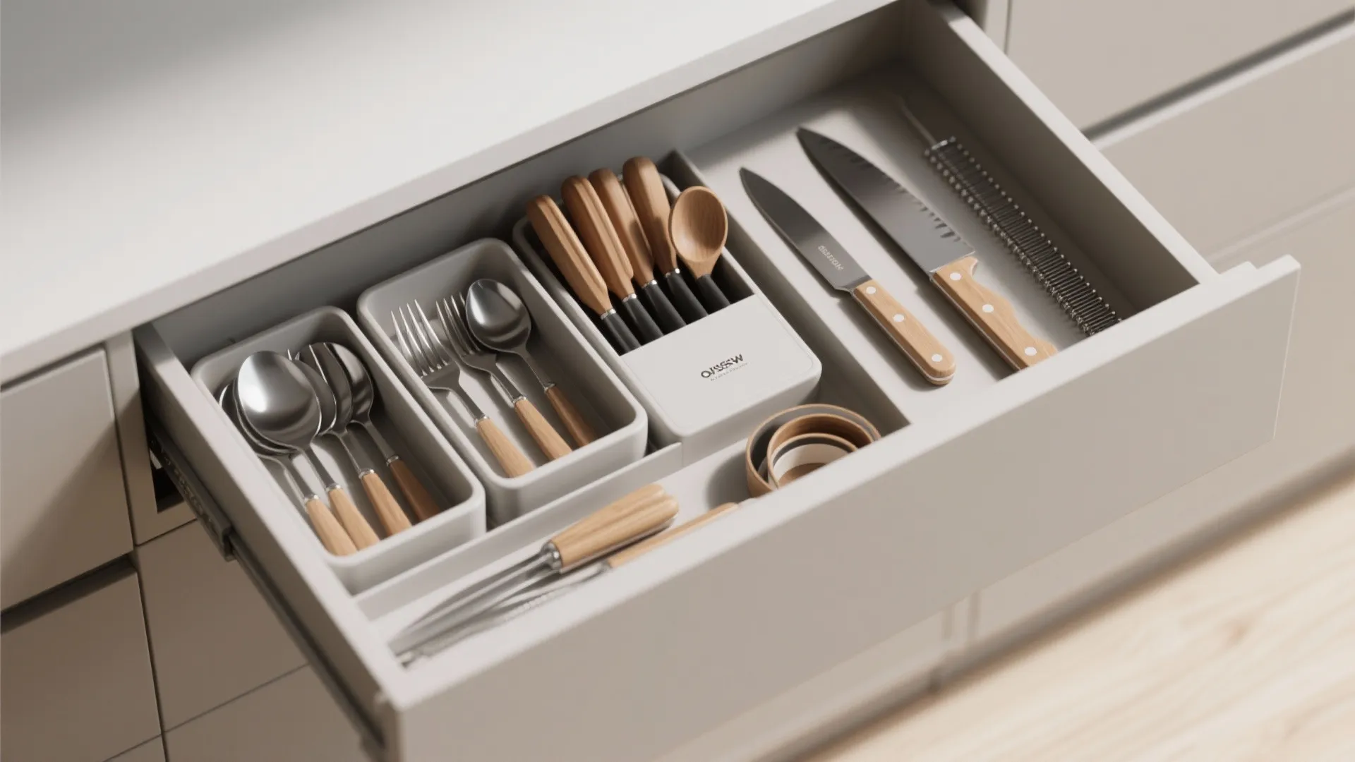Organized kitchen drawer with wooden handled spoons forks and knives stored in gray plastic tray inserts