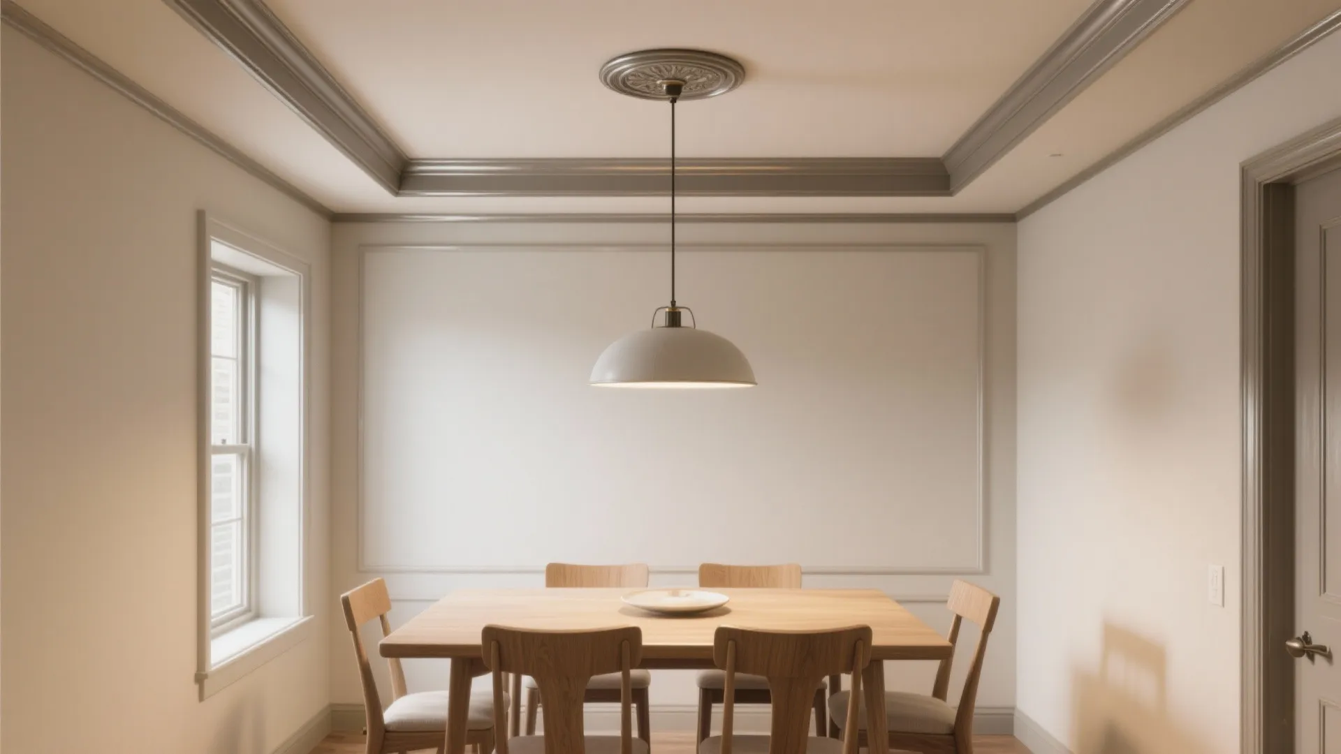 Modern dining room with wooden table and chairs plus a white ceiling light and window