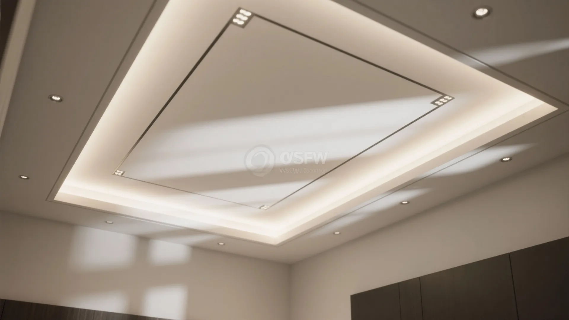 Shallow tray ceiling with thin trim and recessed lighting showing subtle shadow lines.