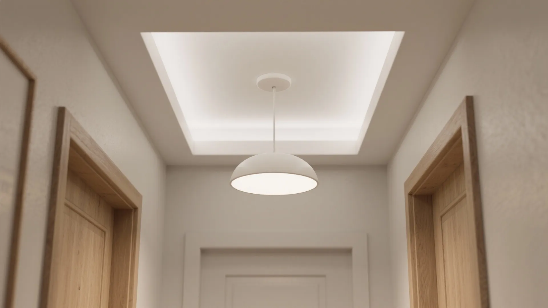 Close up of white round ceiling light in a recessed ceiling between wooden door frames layout