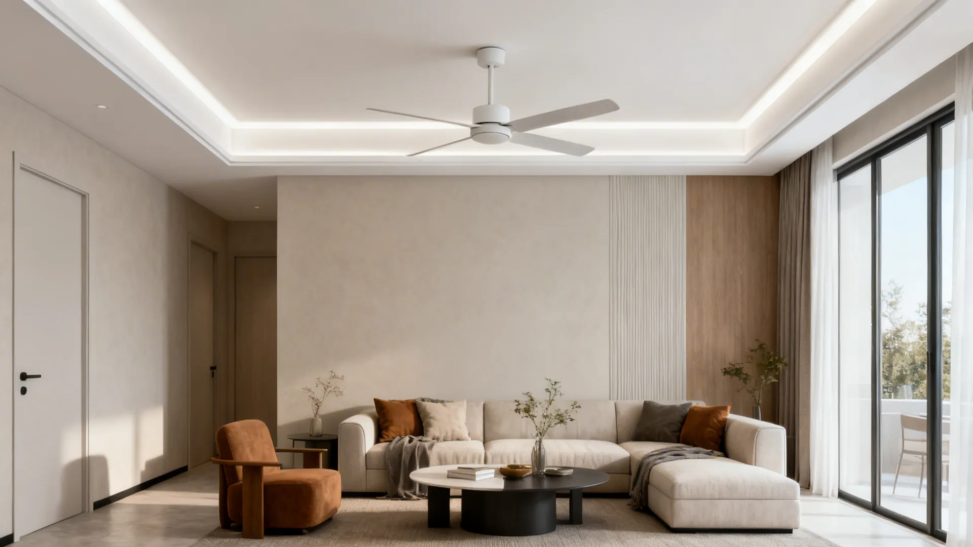 Small living room with a shallow recessed tray ceiling and slim-profile fan centered over seating.