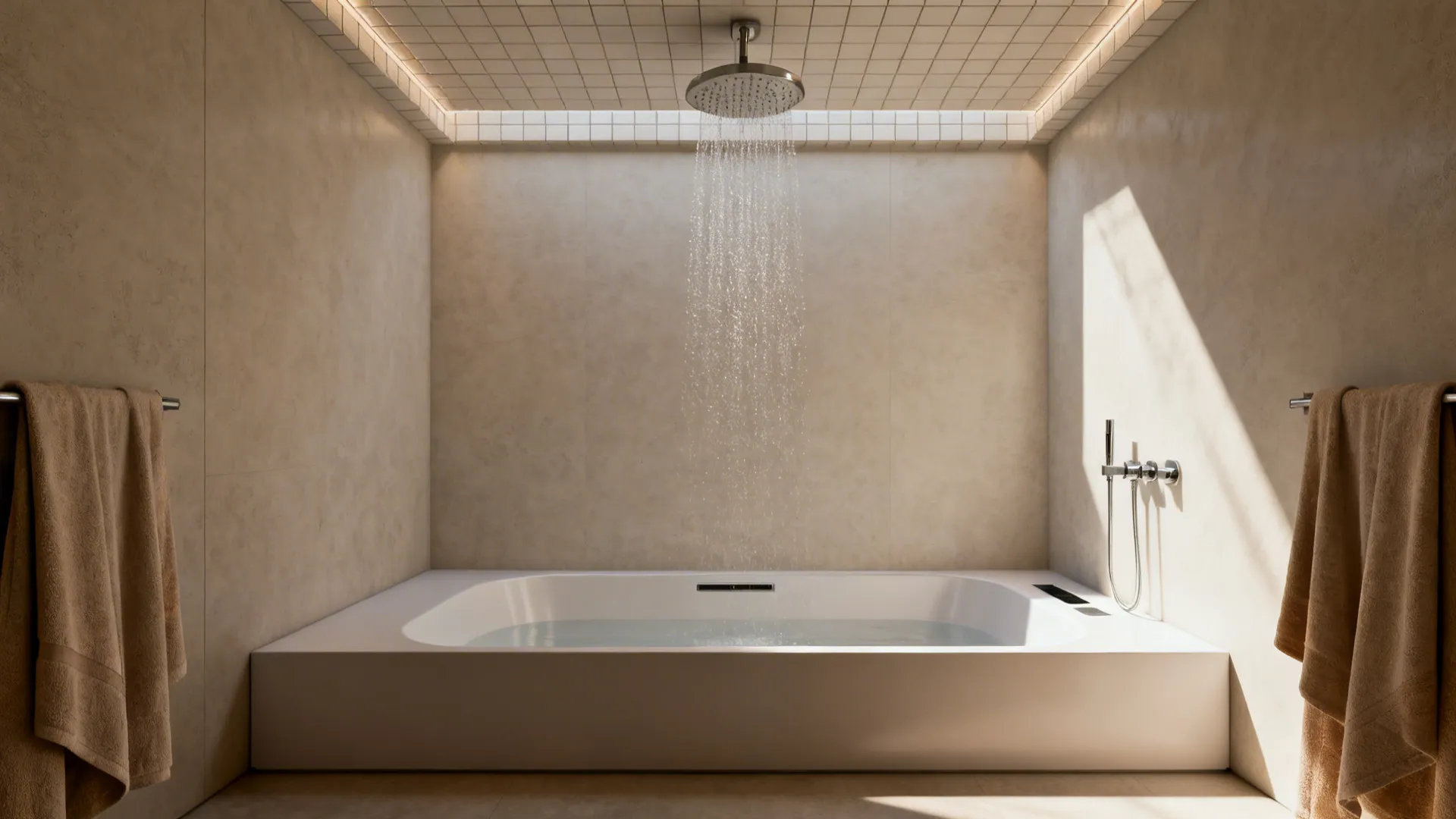 Tiny bathroom with a shallow soaking tub and a ceiling-mounted rain shower for a dramatic, space-saving layout.